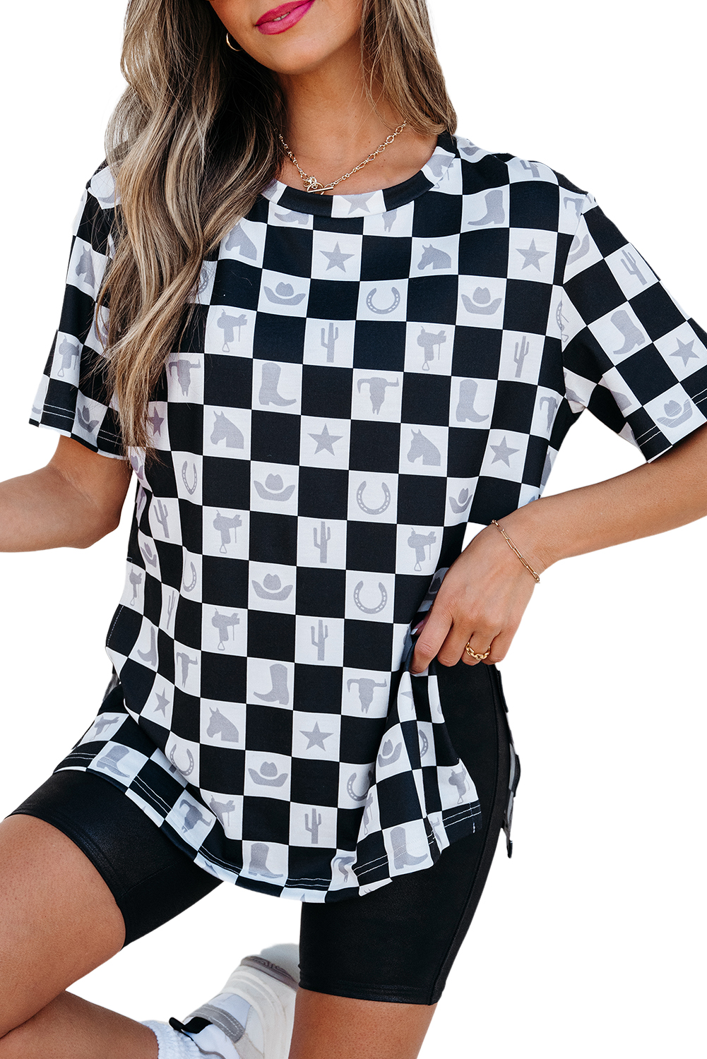 Black Western Fashion Checkerboard Print Side Split T Shirt - loveforevers