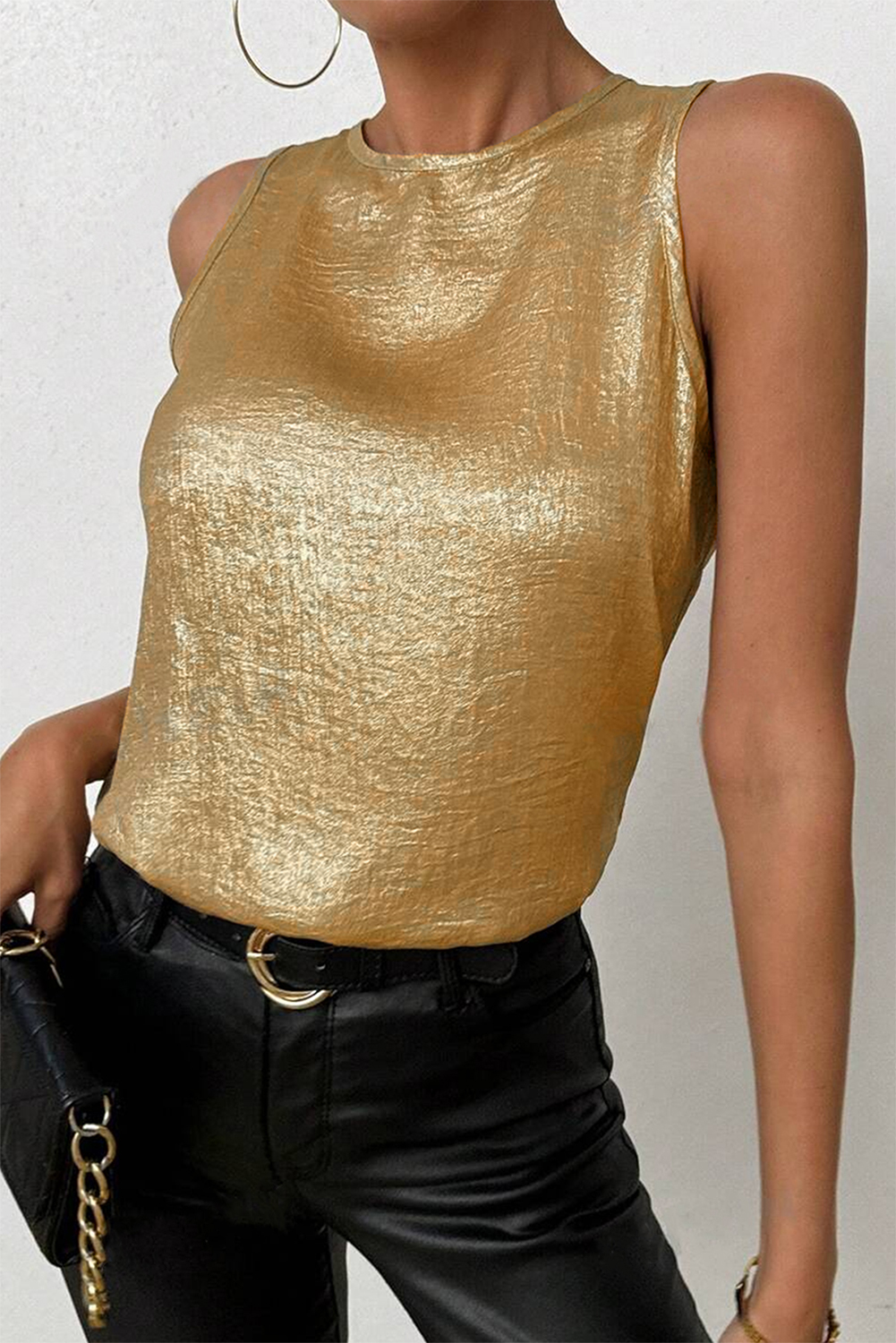 Gold Metal Textured Round Neck Casual Tank Top - loveforevers