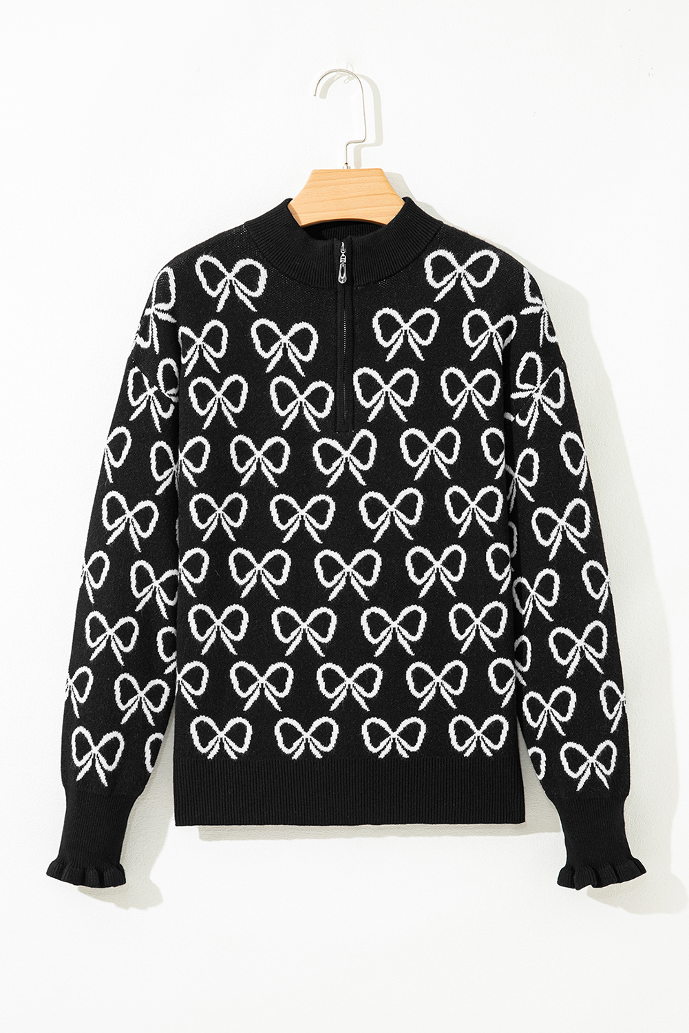 Black Cute Bow Pattern Drop Shoulder Zipped Collar Sweater - loveforevers