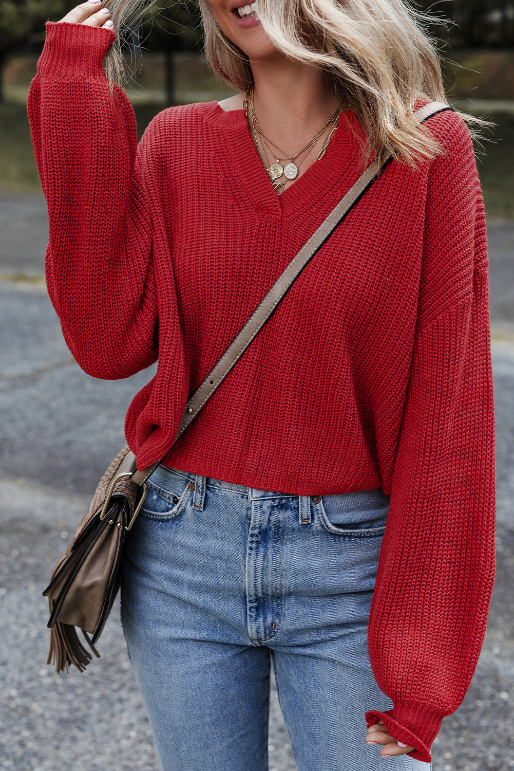 Racing Red Solid Textured Knit V Neck Drop Shoulder Sweater - loveforevers
