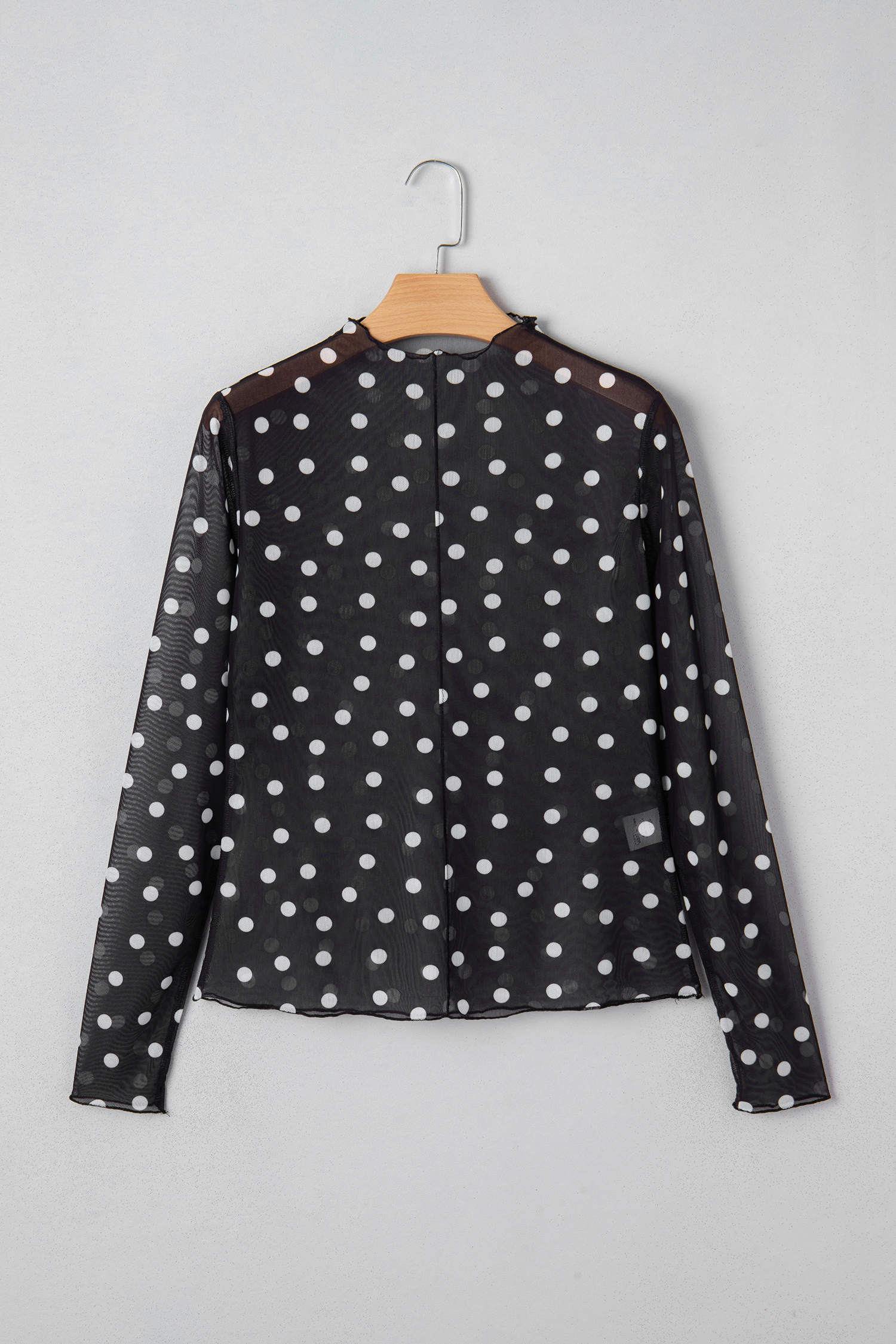 Black Polka Dot Patterned Bodycon Mock Neck Mesh Long Sleeve Top - loveforevers