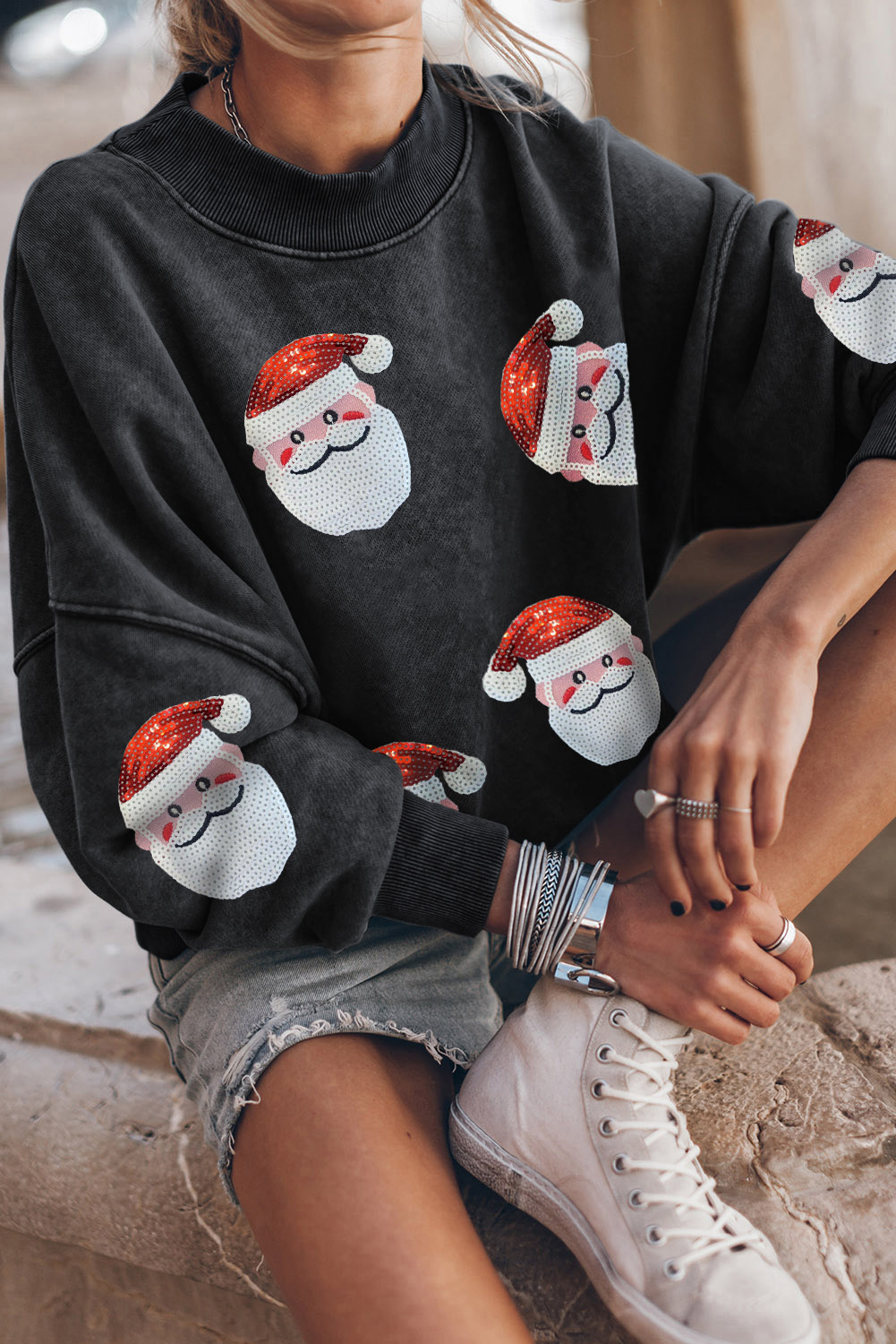 Black Sequined Santa Claus Christmas Fashion Sweatshirt - loveforevers
