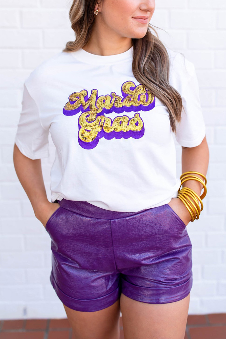 White Mardi Gras Sequin Graphic T-shirt - loveforevers