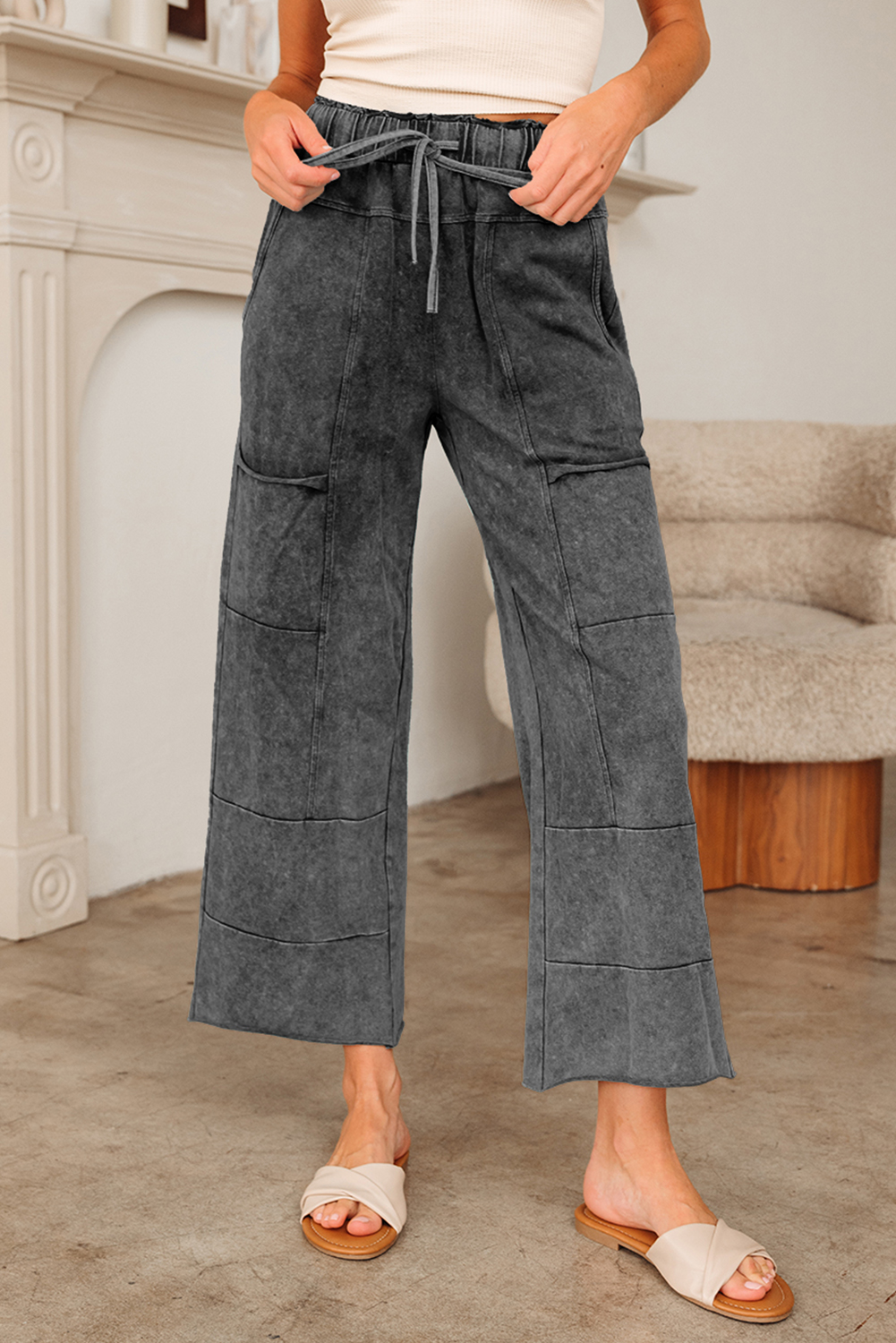 Lapis Mineral Wash Lace-up High Waist Raw Hem Patched Pocket Pants - loveforevers