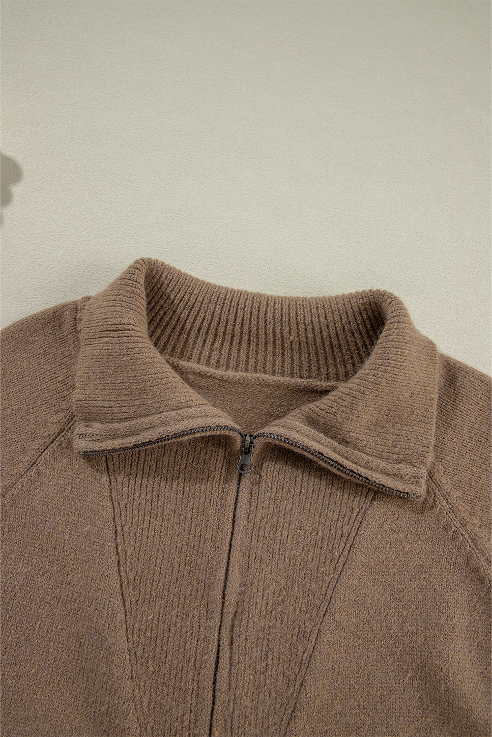 Brown Western Printed Ribbed Trim Collared Zip up Cardigan - loveforevers