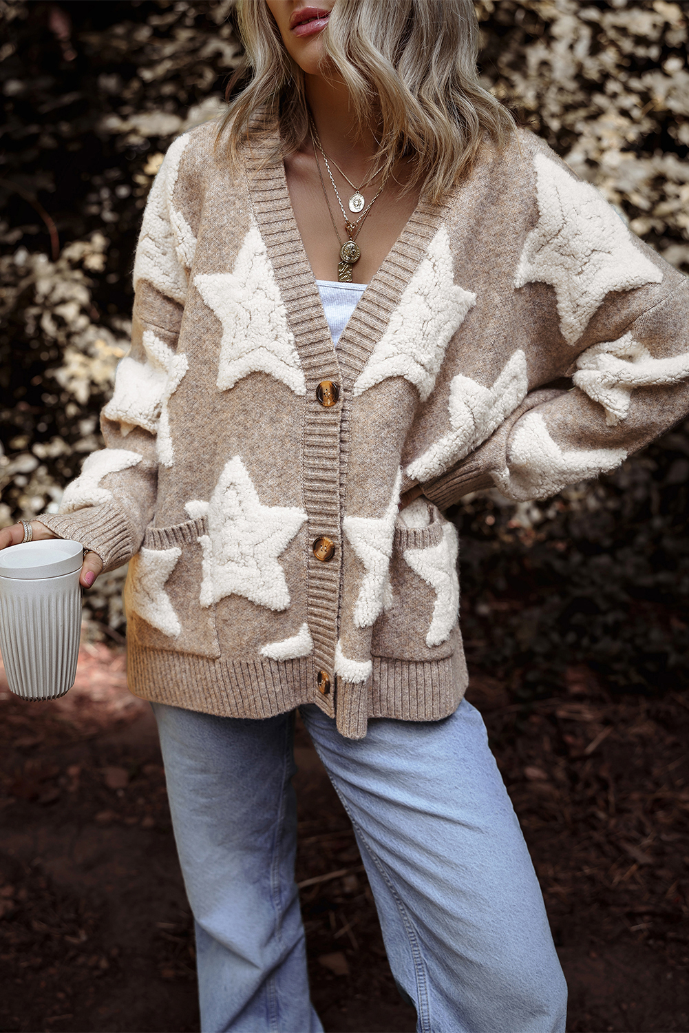 Khaki Sherpa Star Pattern Textured Sweater Cardigan with Pockets - loveforevers