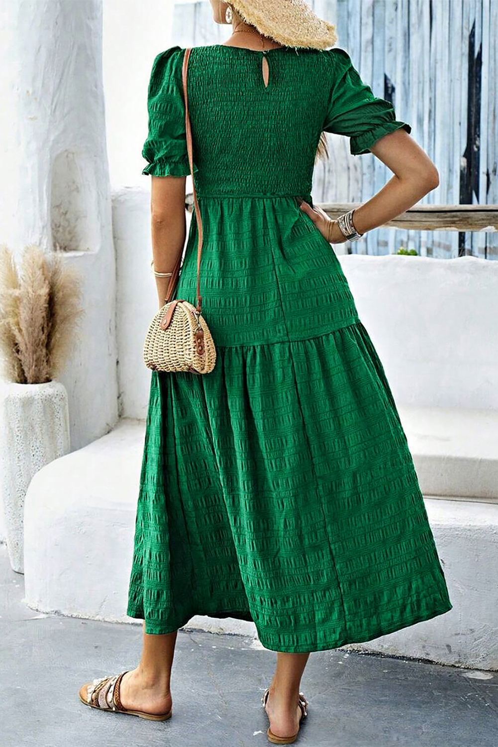 Dark Green Textured Ruffled Sleeve Round Neck Top - loveforevers