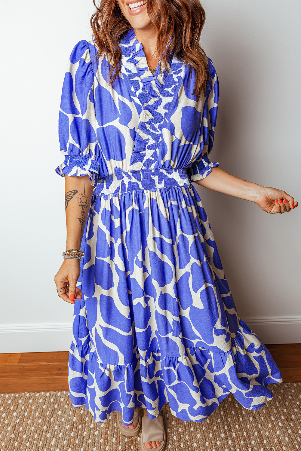 Sky Blue Abstract Print Smocked Waist Puff Half Sleeve Maxi Dress - loveforevers
