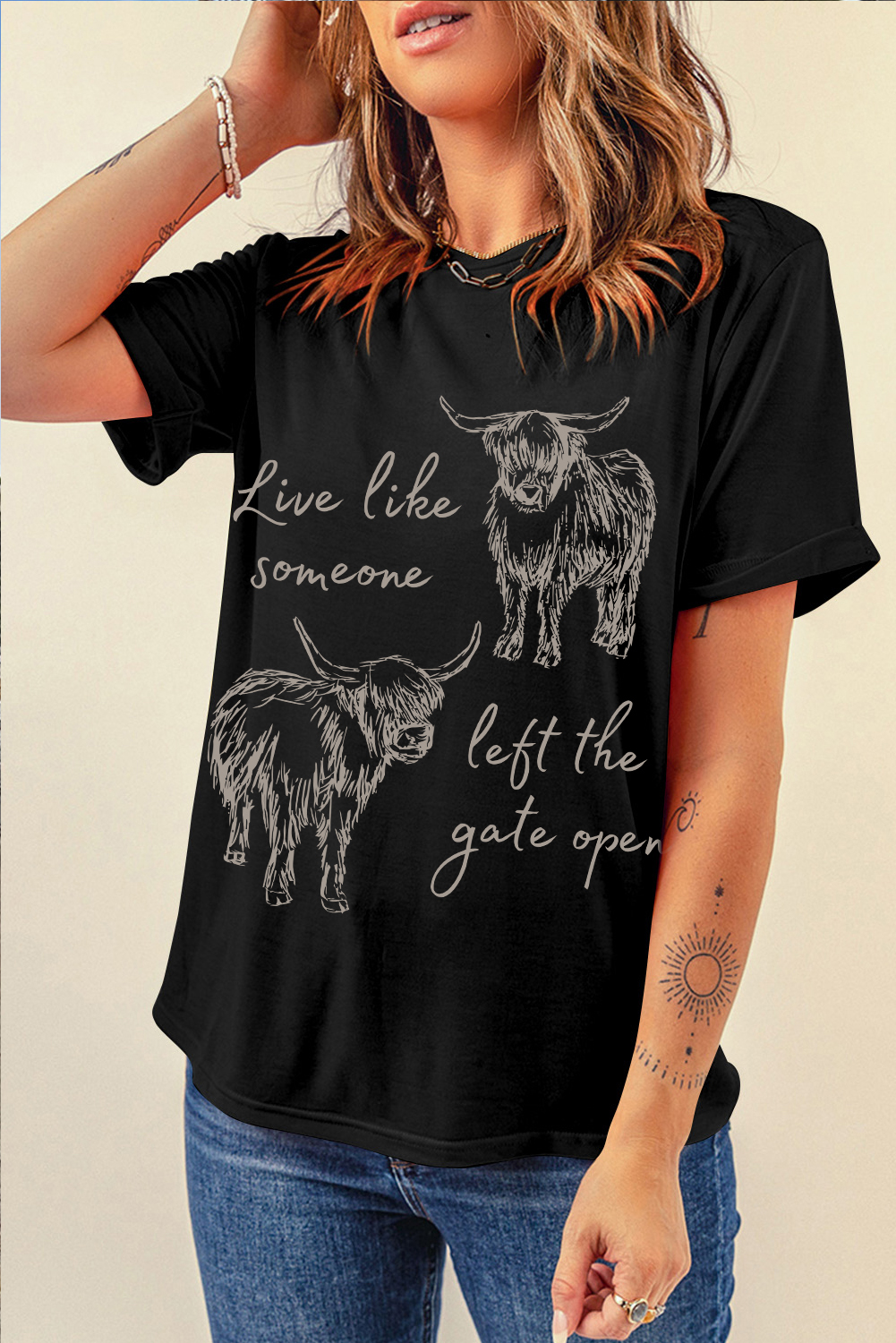 Black Western Cow Print Round Neck Casual Tee - loveforevers