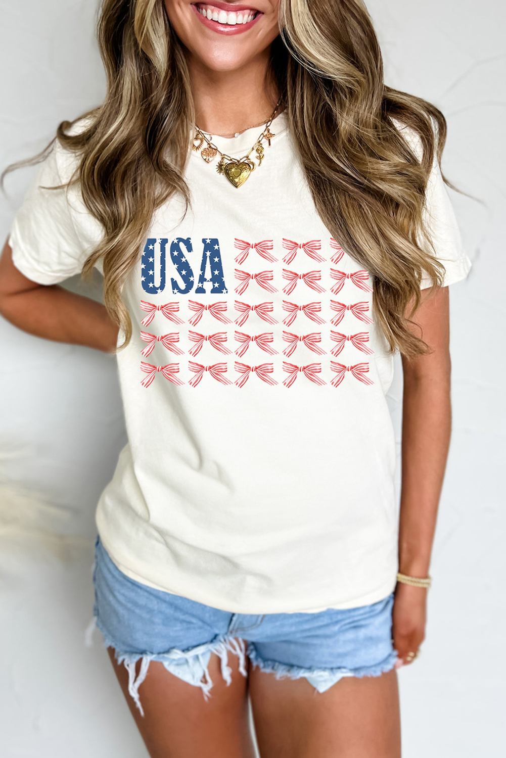 White USA Flag Bow Knot Print Round Neck T Shirt - loveforevers