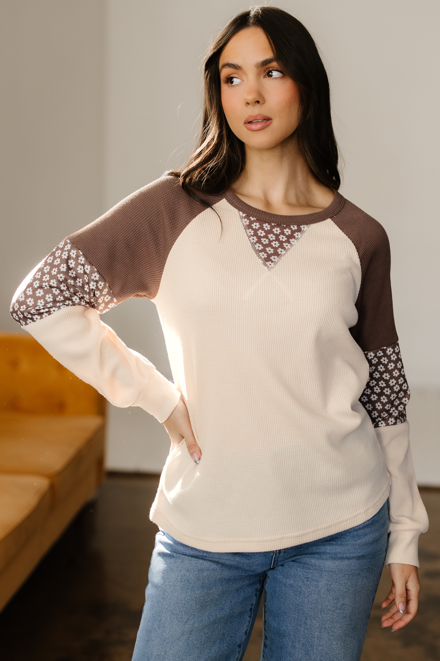 Brown Floral Print Patchwork Color Block Long Sleeve Top - loveforevers