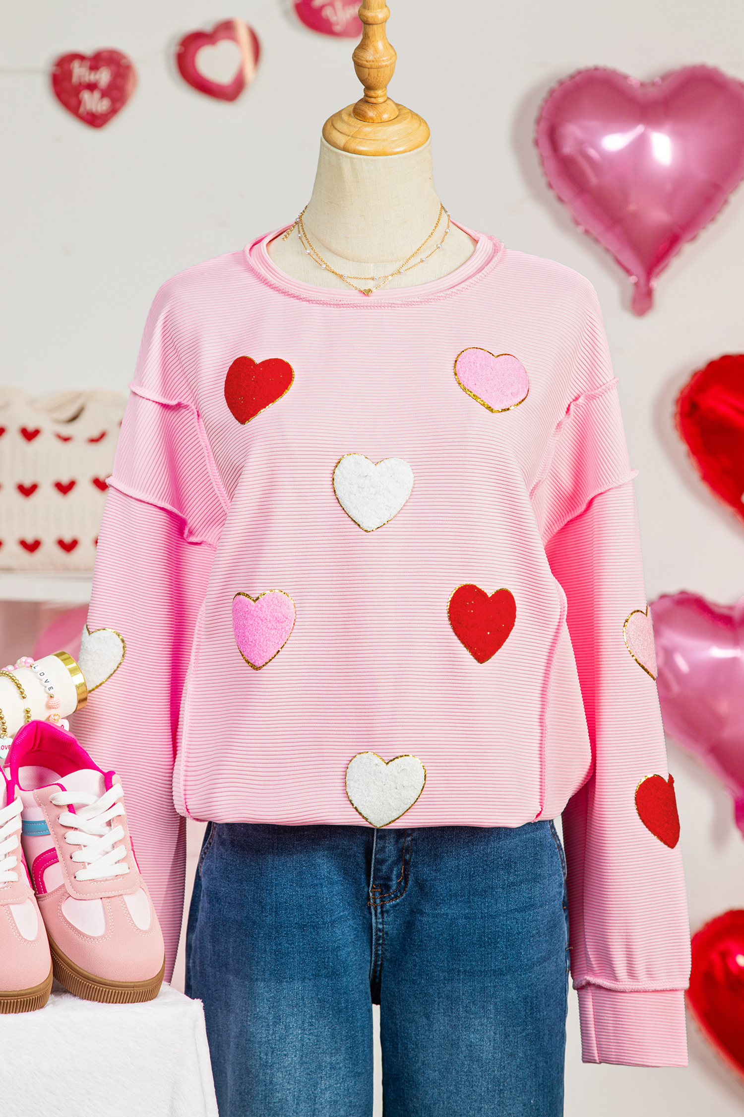 Pink Ribbed Texture Chenille Heart Glitter Trim Patched Long Sleeve Top - loveforevers