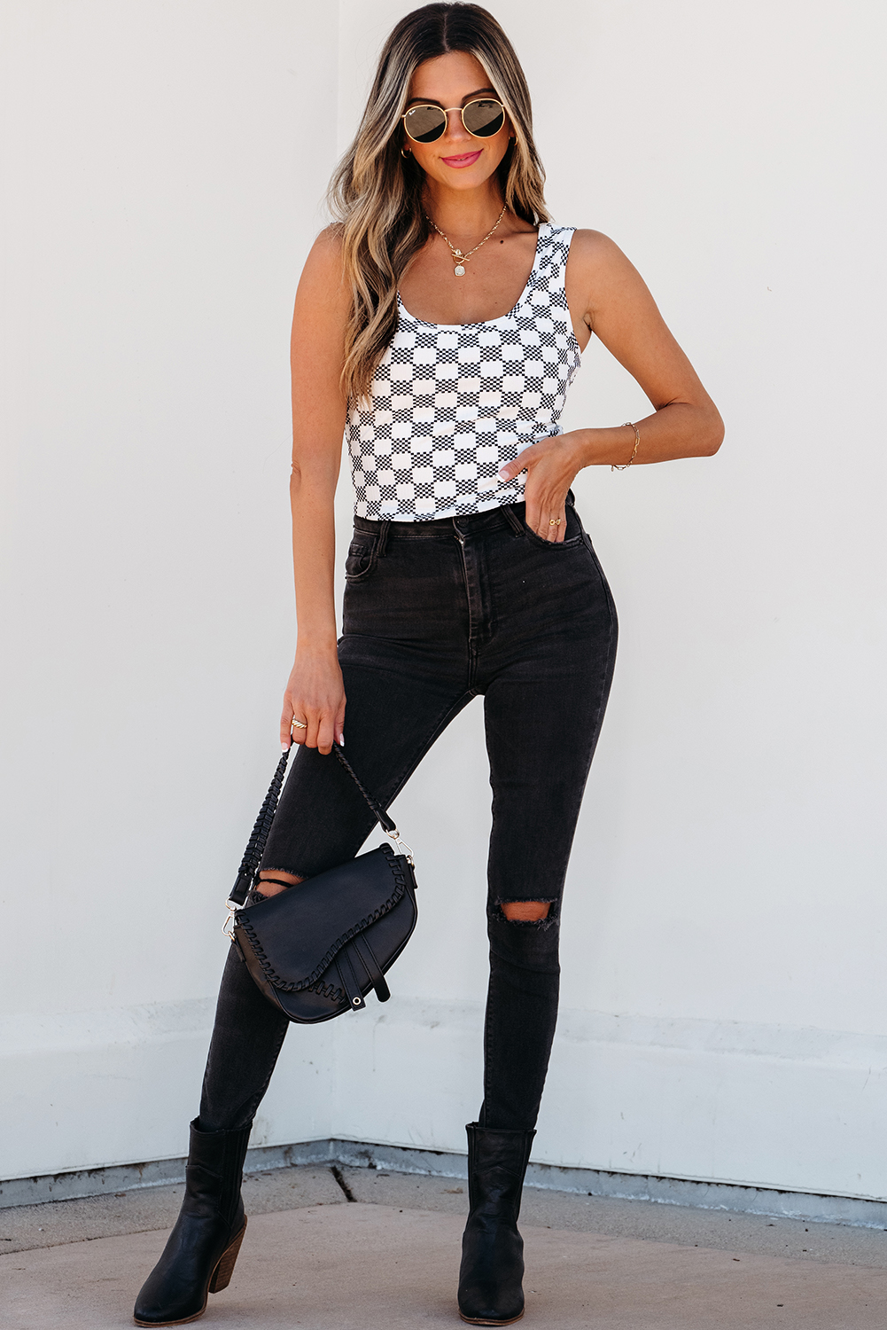 Black Checkered Print U Neck Cropped Tank Top - loveforevers