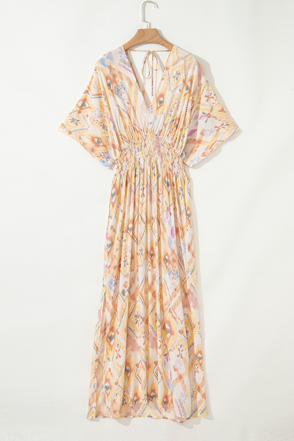 Multicolour Geometric Print Half Sleeve Shirred High Waist Maxi Dress - loveforevers