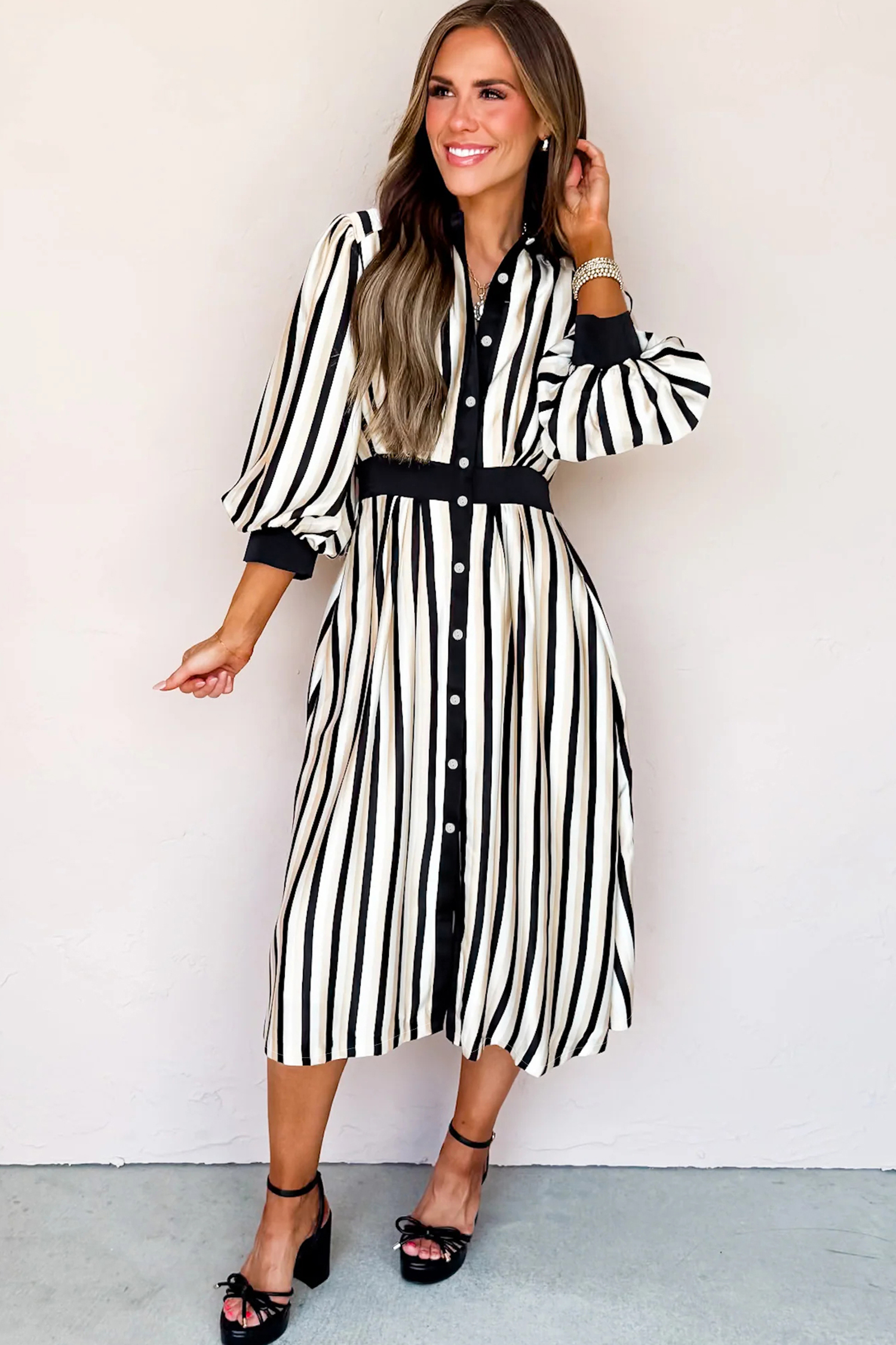 Black Stripe 3/4 Puff Sleeve Shirt Style Button Down Midi Dress - loveforevers