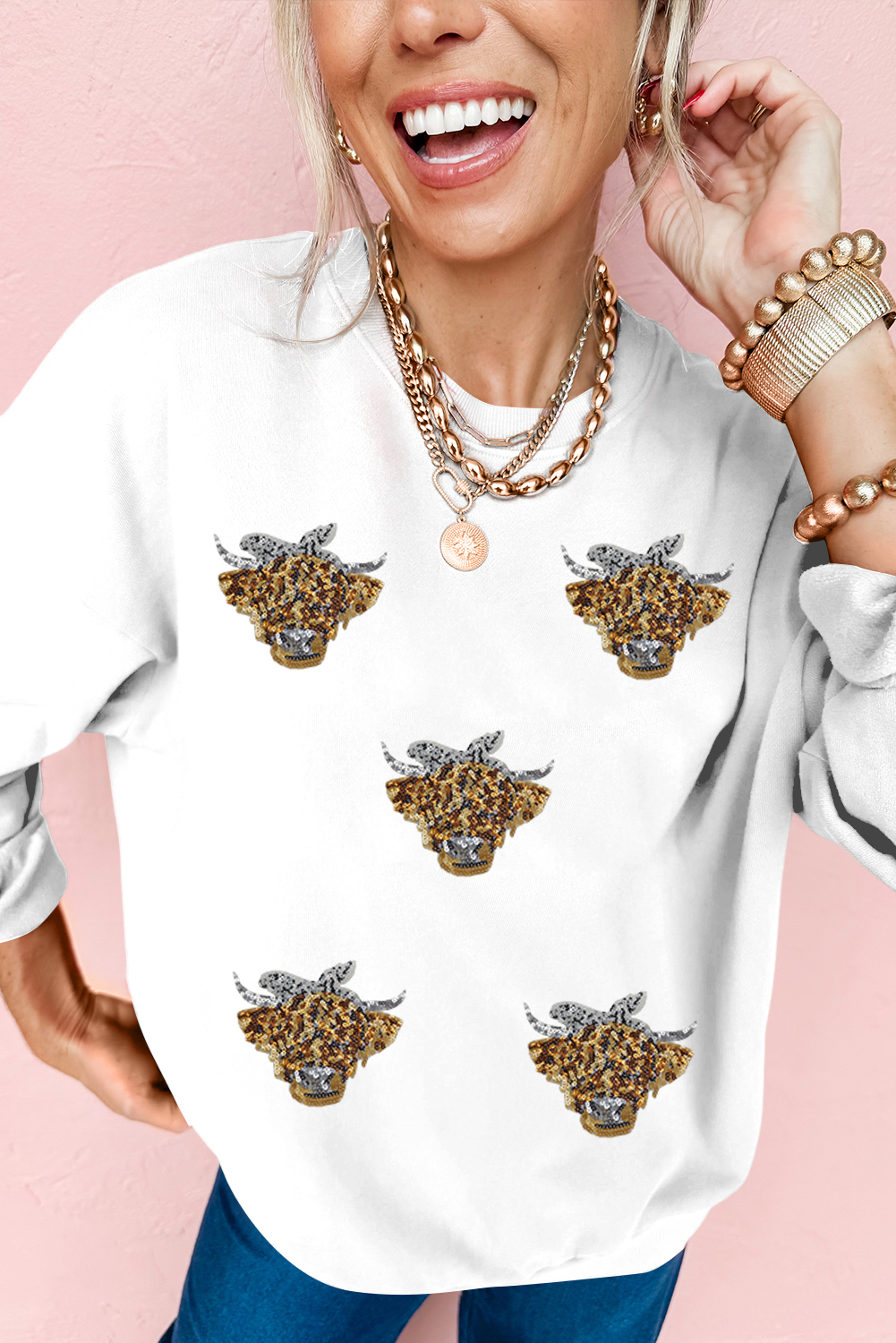 White Sequin Heifer Patched Drop Shoulder Sweatshirt - loveforevers