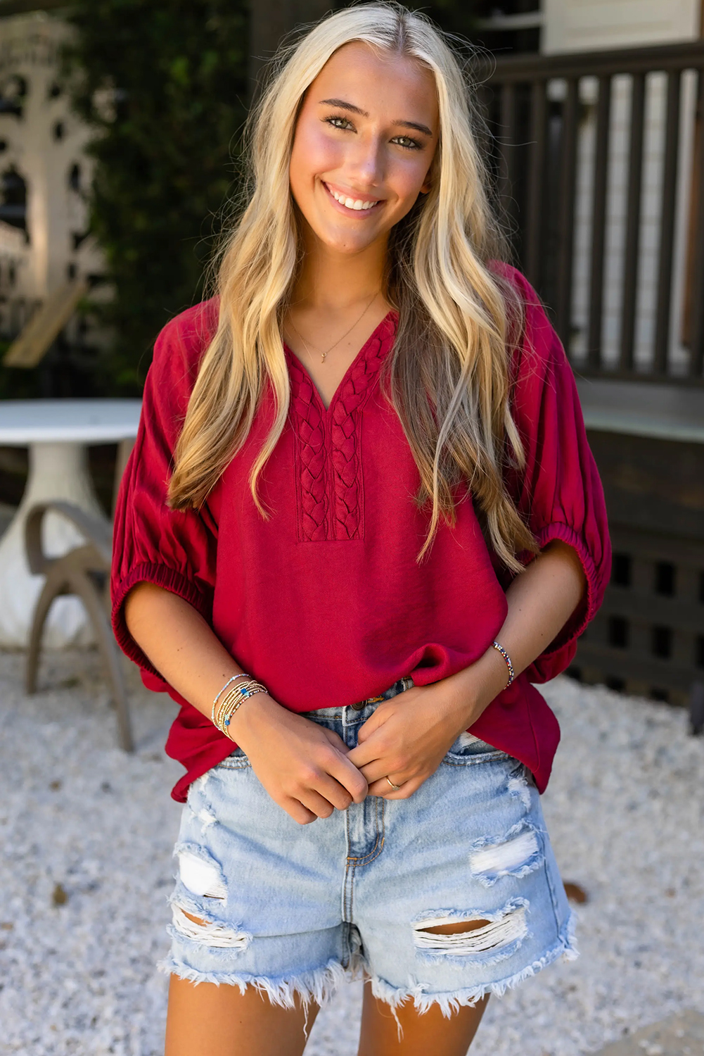 Racing Red Braided Trim V Neck Half Sleeve Blouse - loveforevers