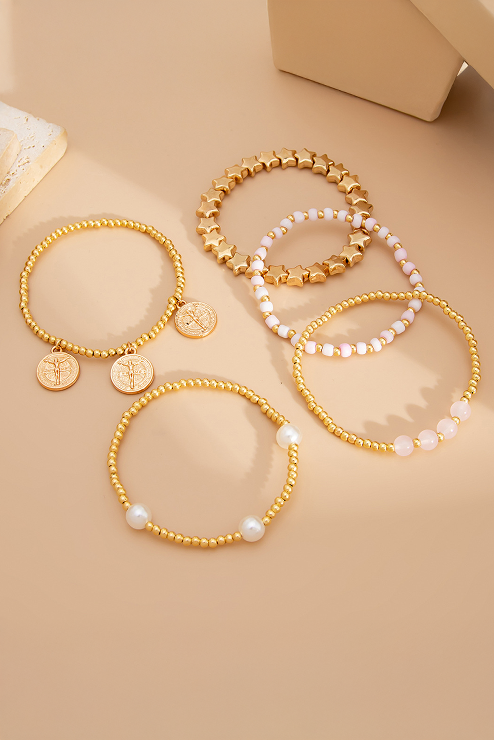 Gold Discs Pearl Stars Beaded Multi Layer Bracelet Set - loveforevers