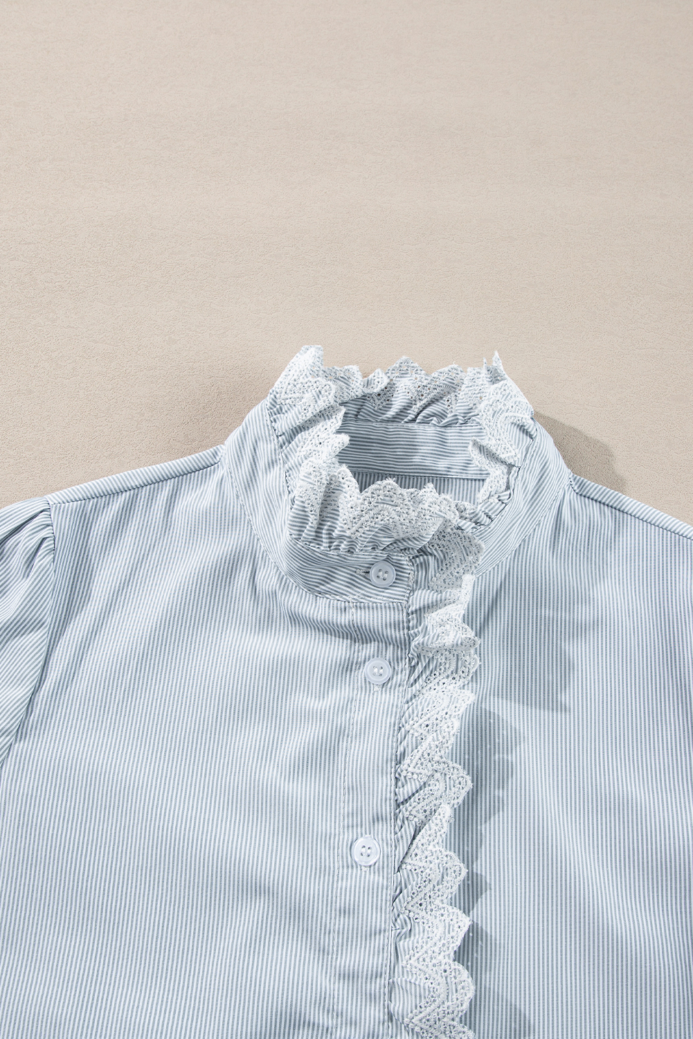 Sky Blue Stripe Frilled Trim Button Up Long Sleeve Shirt - loveforevers