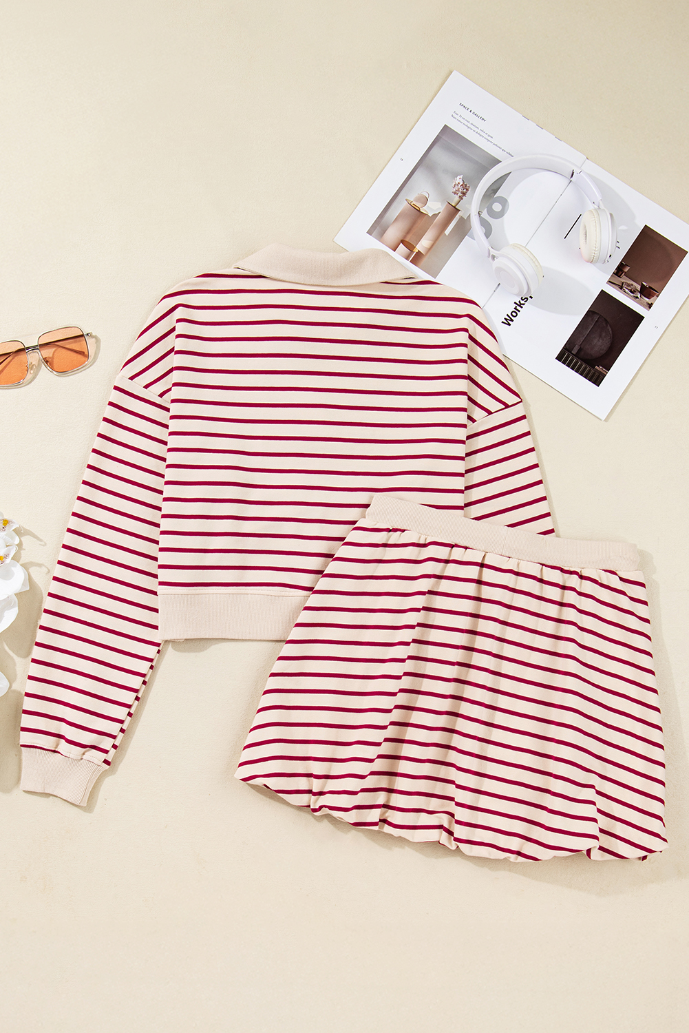 Red Stripe Cropped Collared Drop Shoulder Pullover and Bubble Mini Skirt Set - loveforevers