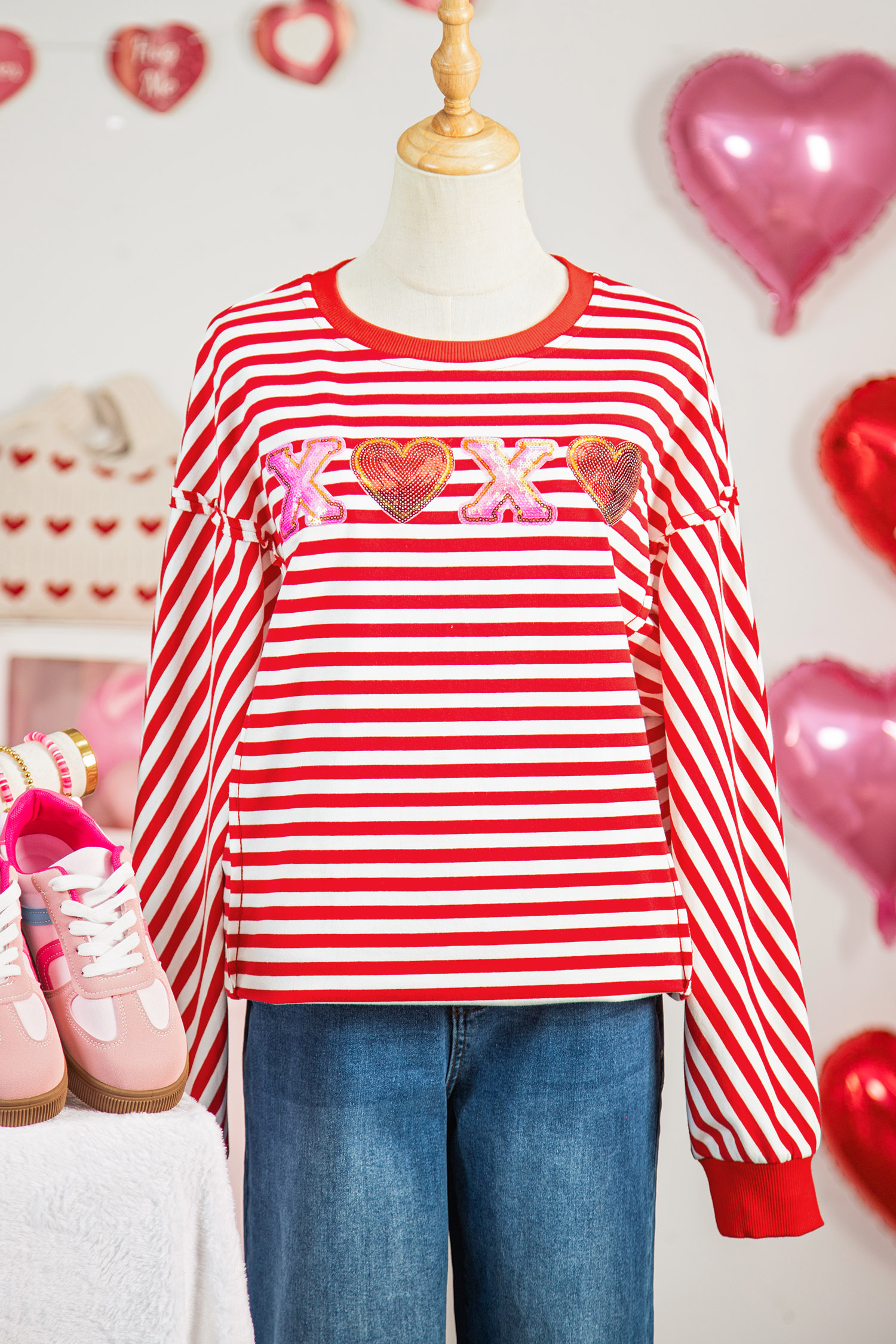 Red Stripe XOXO Sequin Heart Patched Valentines Day Long Sleeve Top - loveforevers
