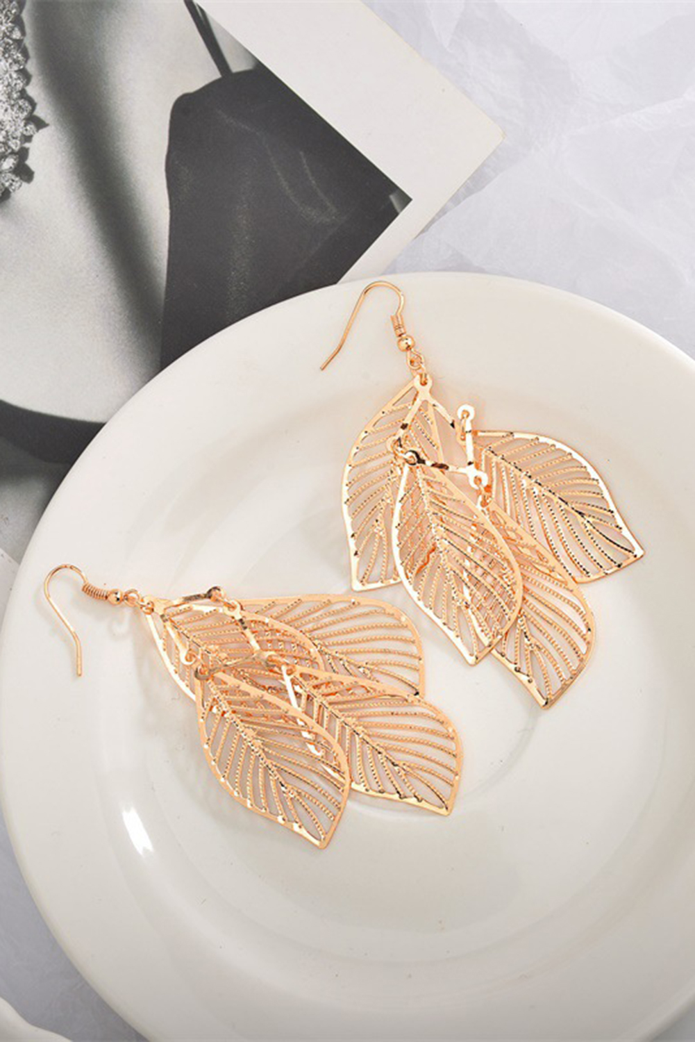 Gold Hollow Out Leaves Plated Alloy Hook Earrings - loveforevers