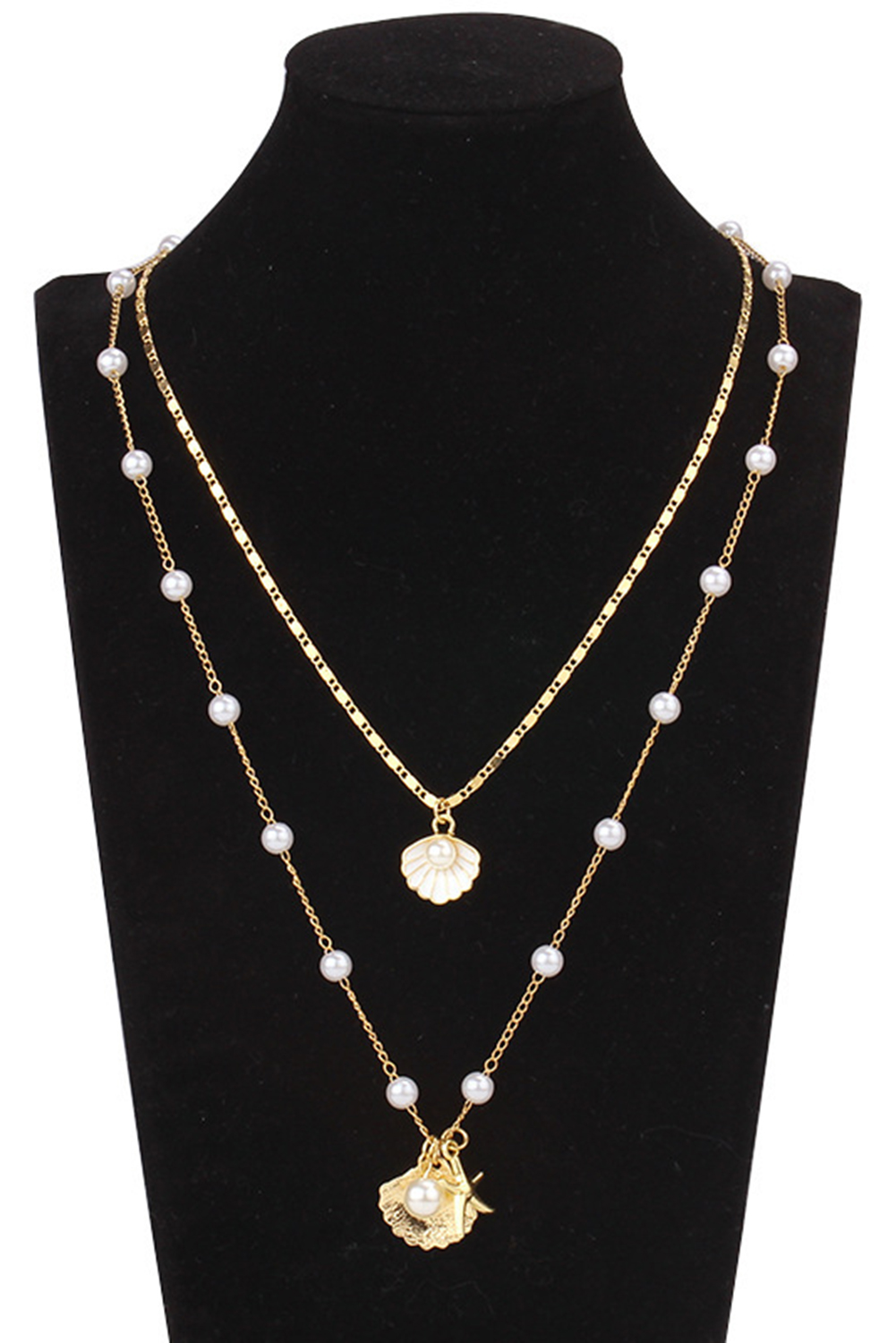 Gold Starfish Shell Pearl Dual Chain Necklace - loveforevers