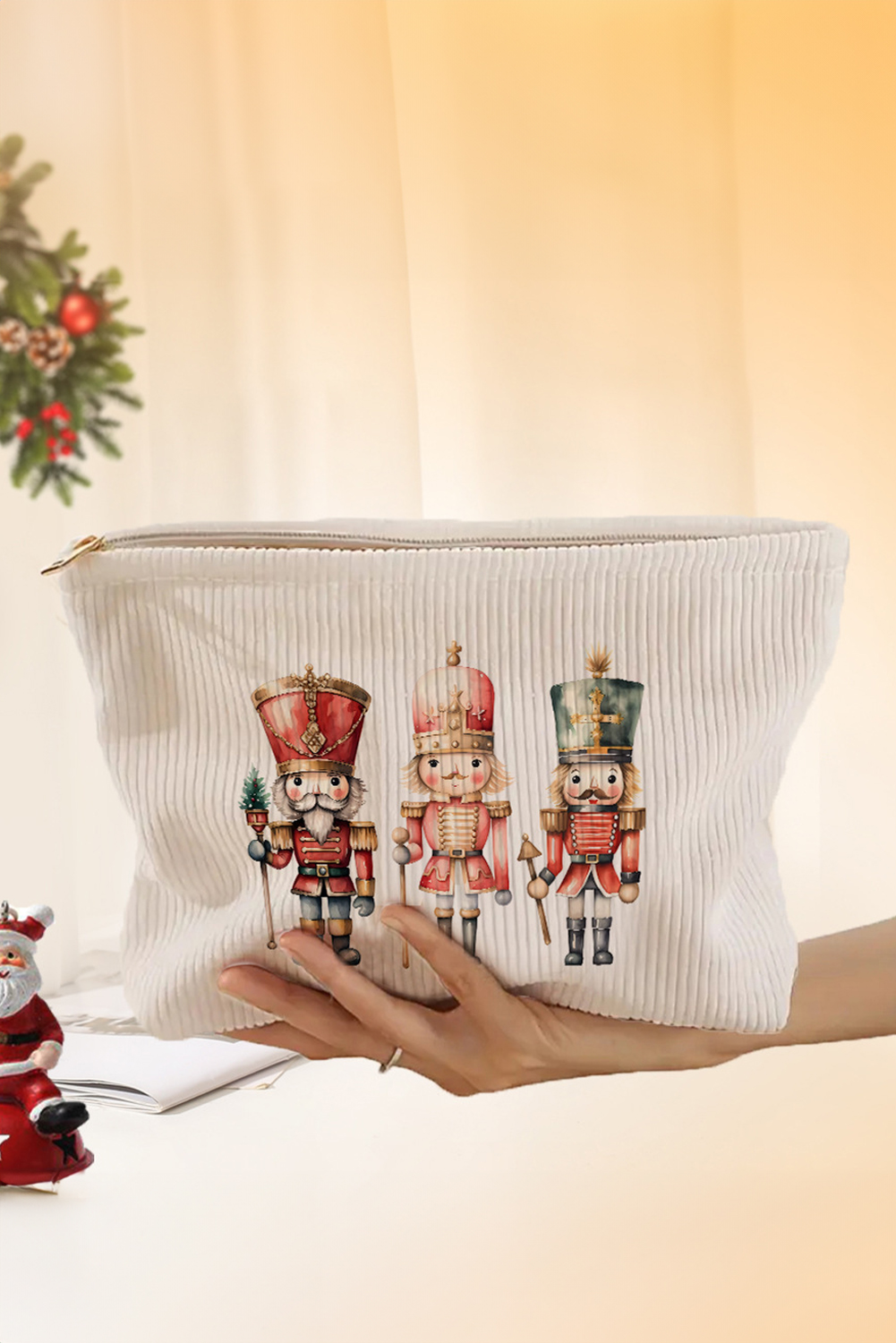 White Christmas Fashion Print Corduroy Zip Up Cosmetic Bag - loveforevers