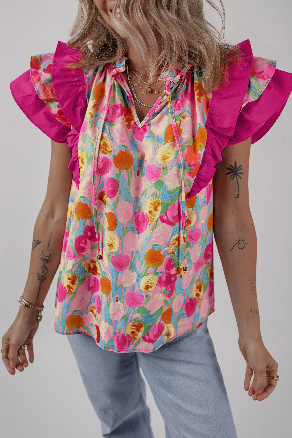 Pink Floral Layered Ruffle Flutter Sleeve Tie V Neck Blouse - loveforevers