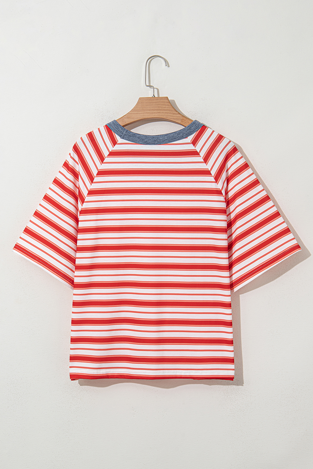 Tomato Red Stripe Print Contrast Collar Raglan Sleeve T Shirt - loveforevers