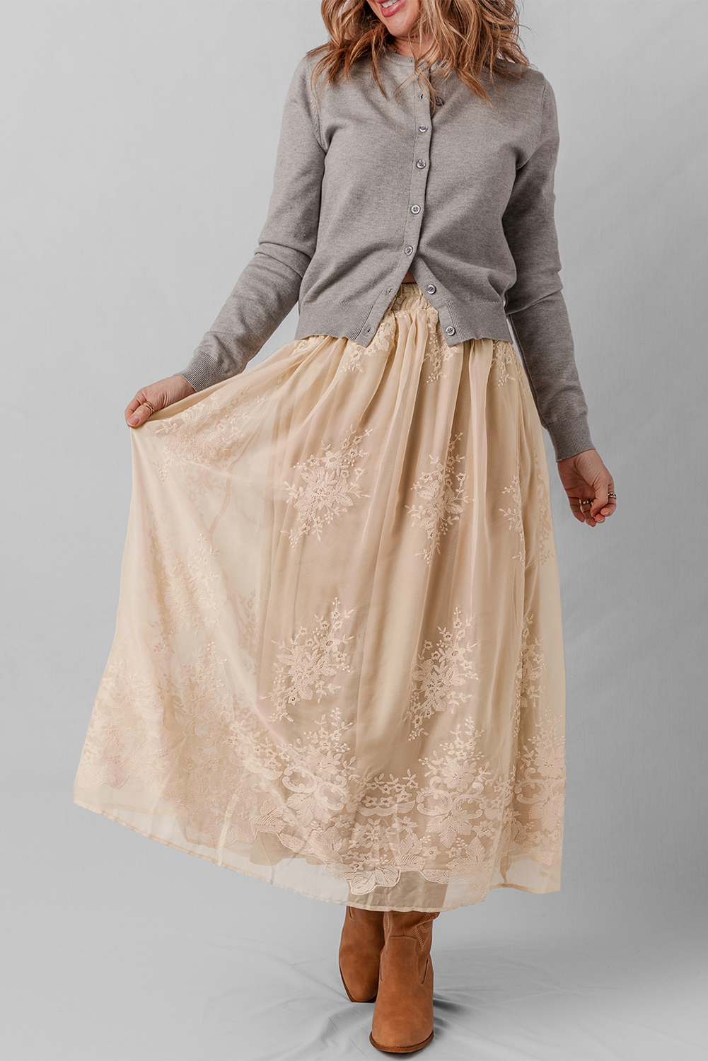 Oatmeal Embroidered Mesh Overlay Flowy Long Skirt - loveforevers