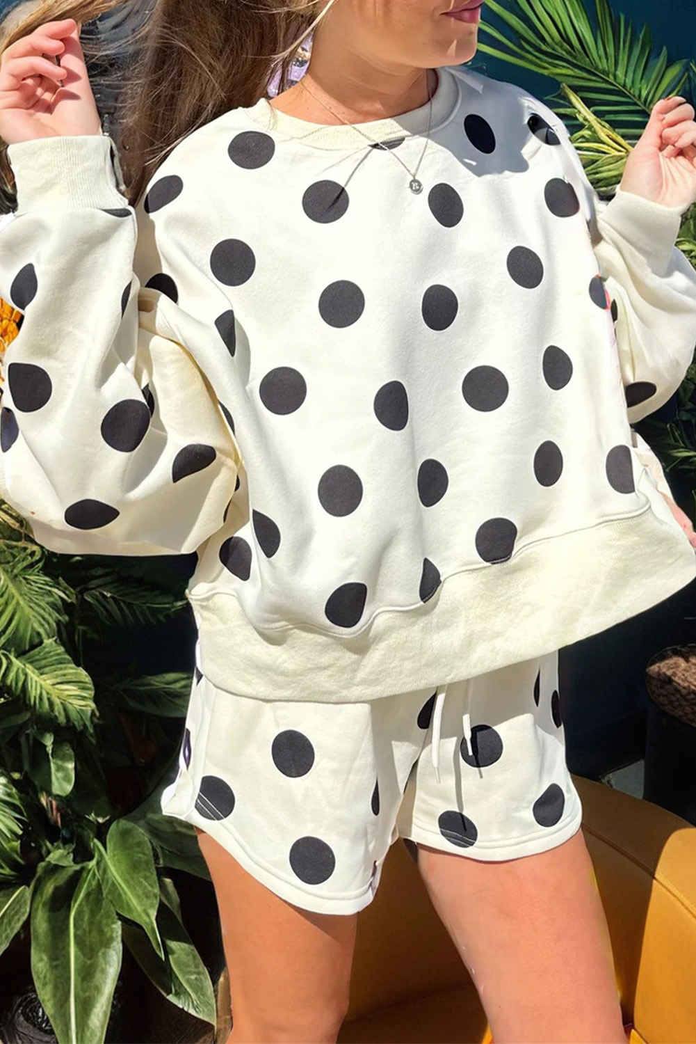 Beige Polka Dot Print Drop Shoulder Pullover Drawstring Jogger Pant Set - loveforevers