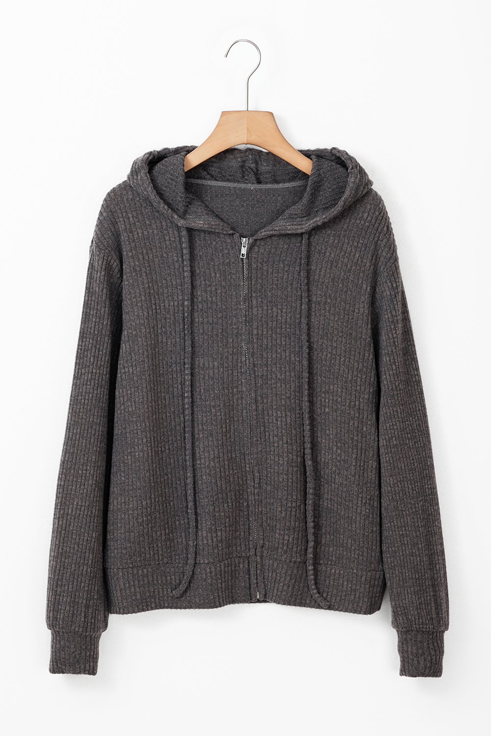 Dark Grey Ribbed Zip Up Front Drawstring Hoodie - loveforevers