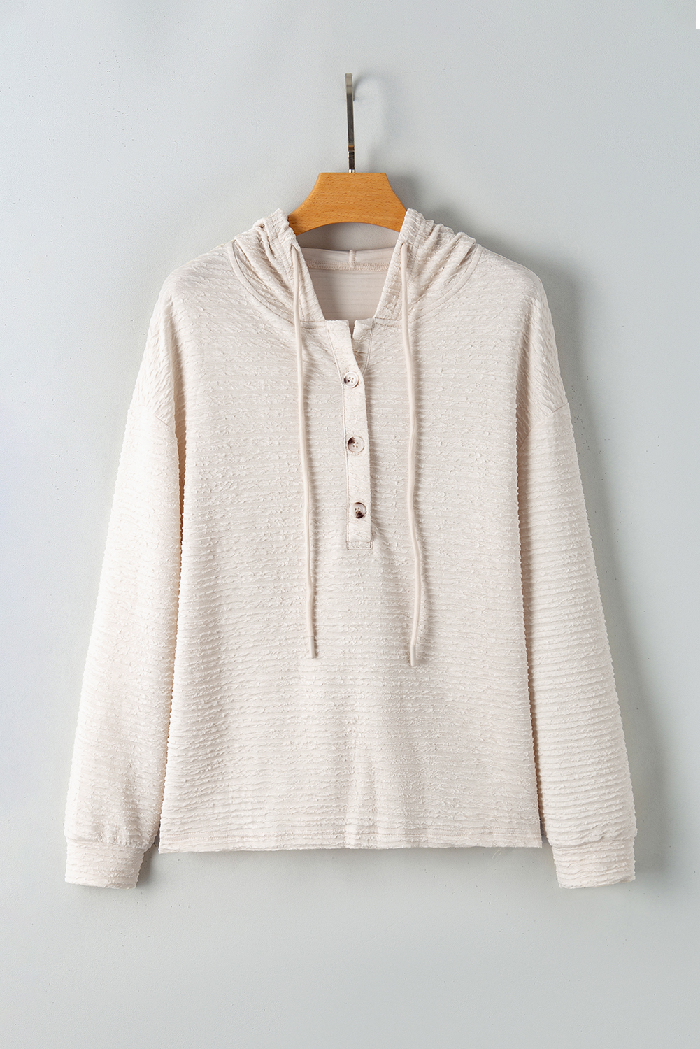 Apricot Solid Textured Drawstring Henley Hoodie - loveforevers