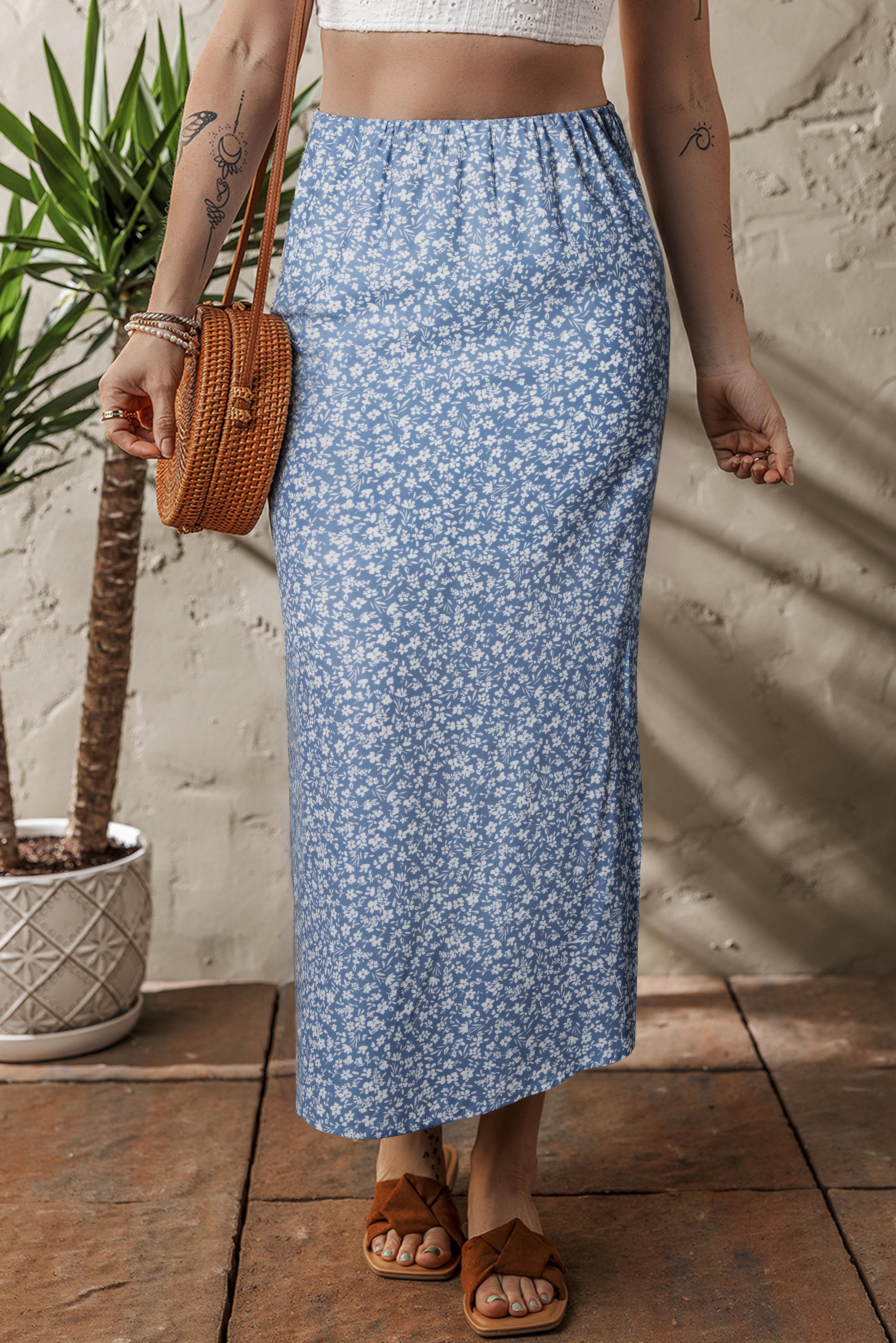 Sky Blue Boho Floral High Waist Long Skirt with Side Split - loveforevers