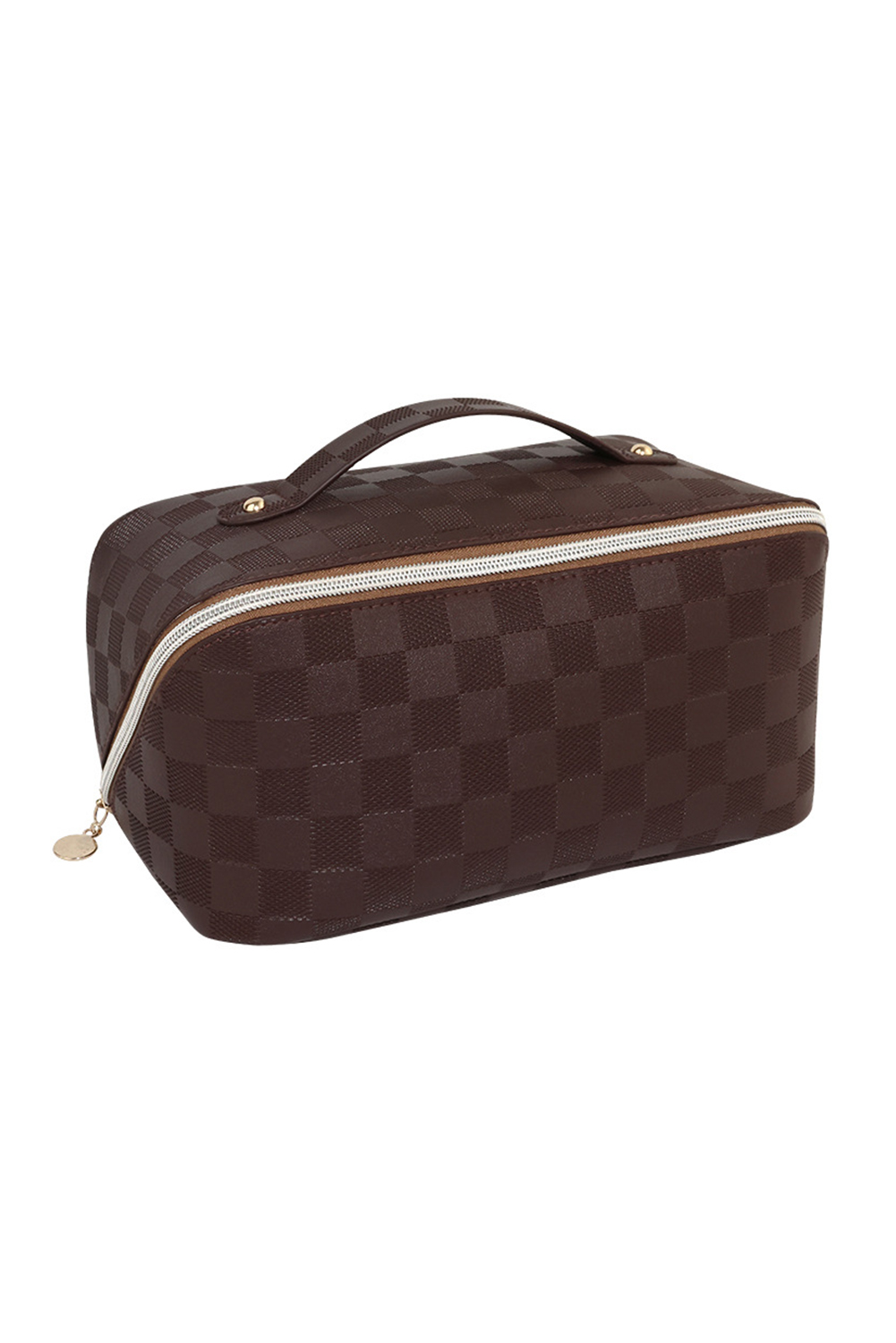 Chestnut Checkered Zipper Handle PU Leather Travel Makeup Bag - loveforevers