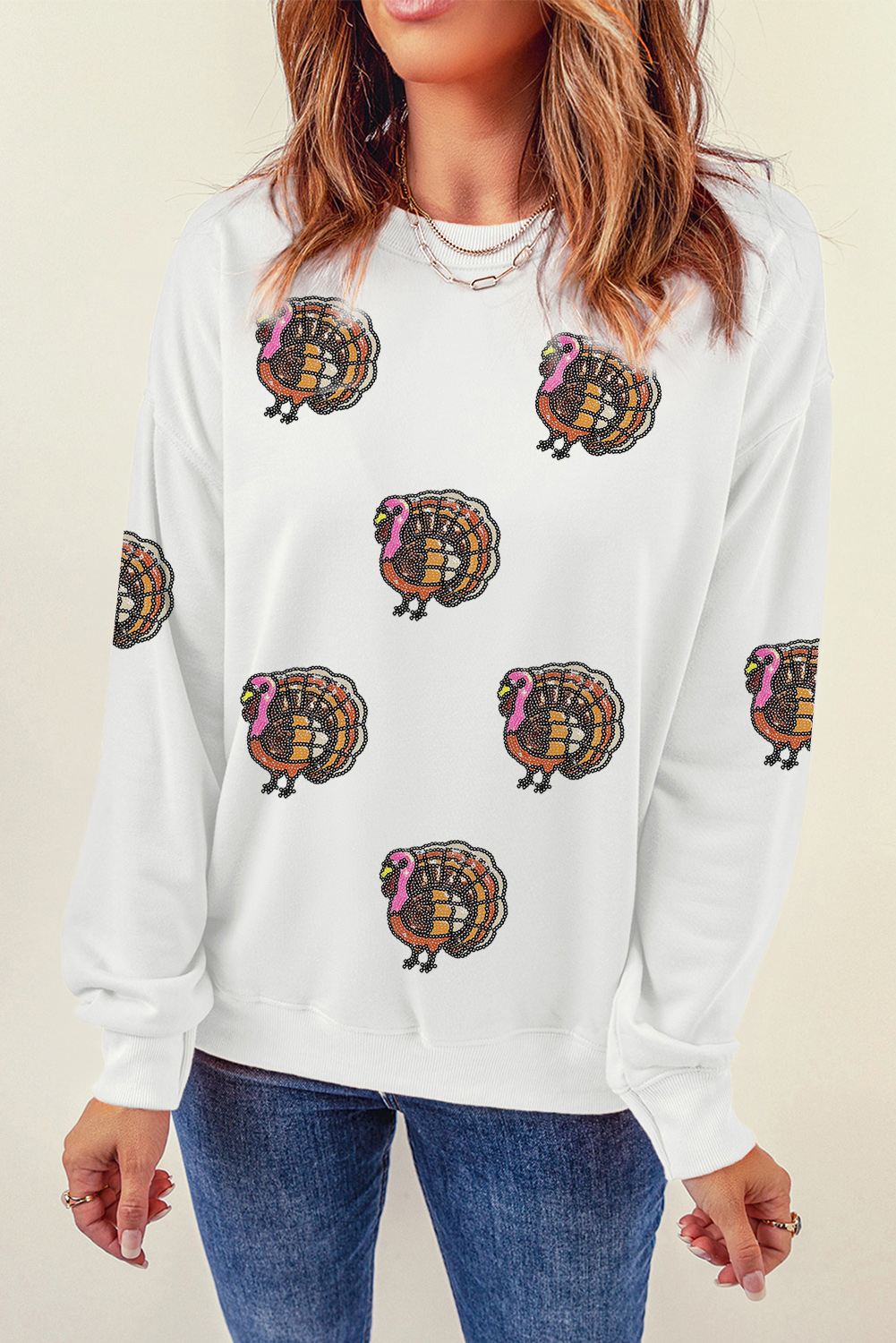 White Thanksgiving Turkey Sequin Patched Pullover Sweatshirt - loveforevers