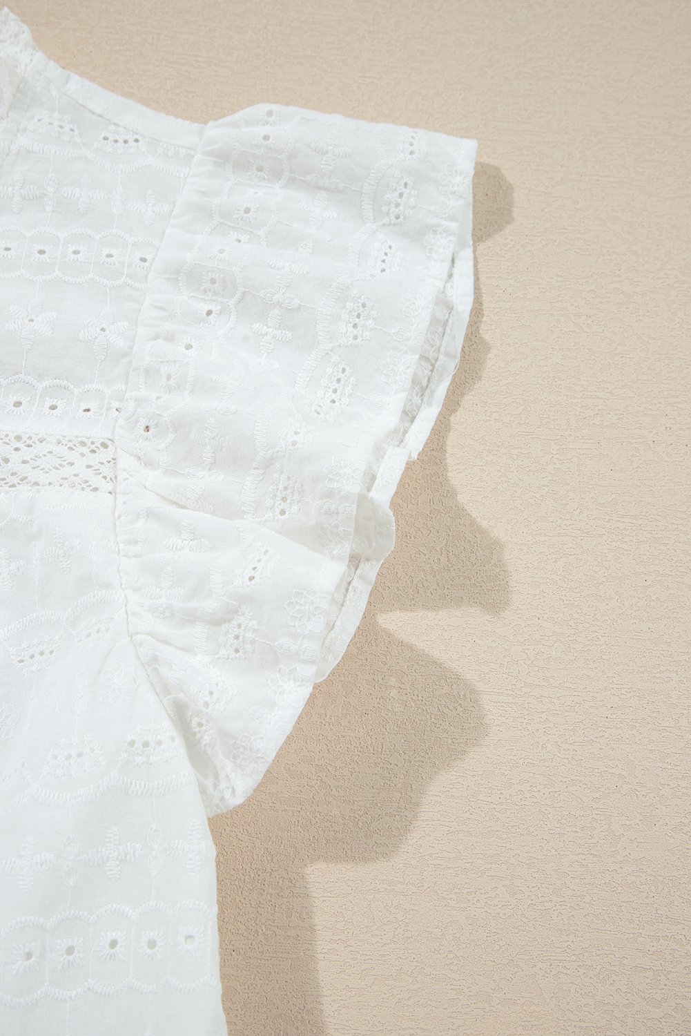 White Lace Neckline Flutter Sleeve Eyelets Blouse - loveforevers