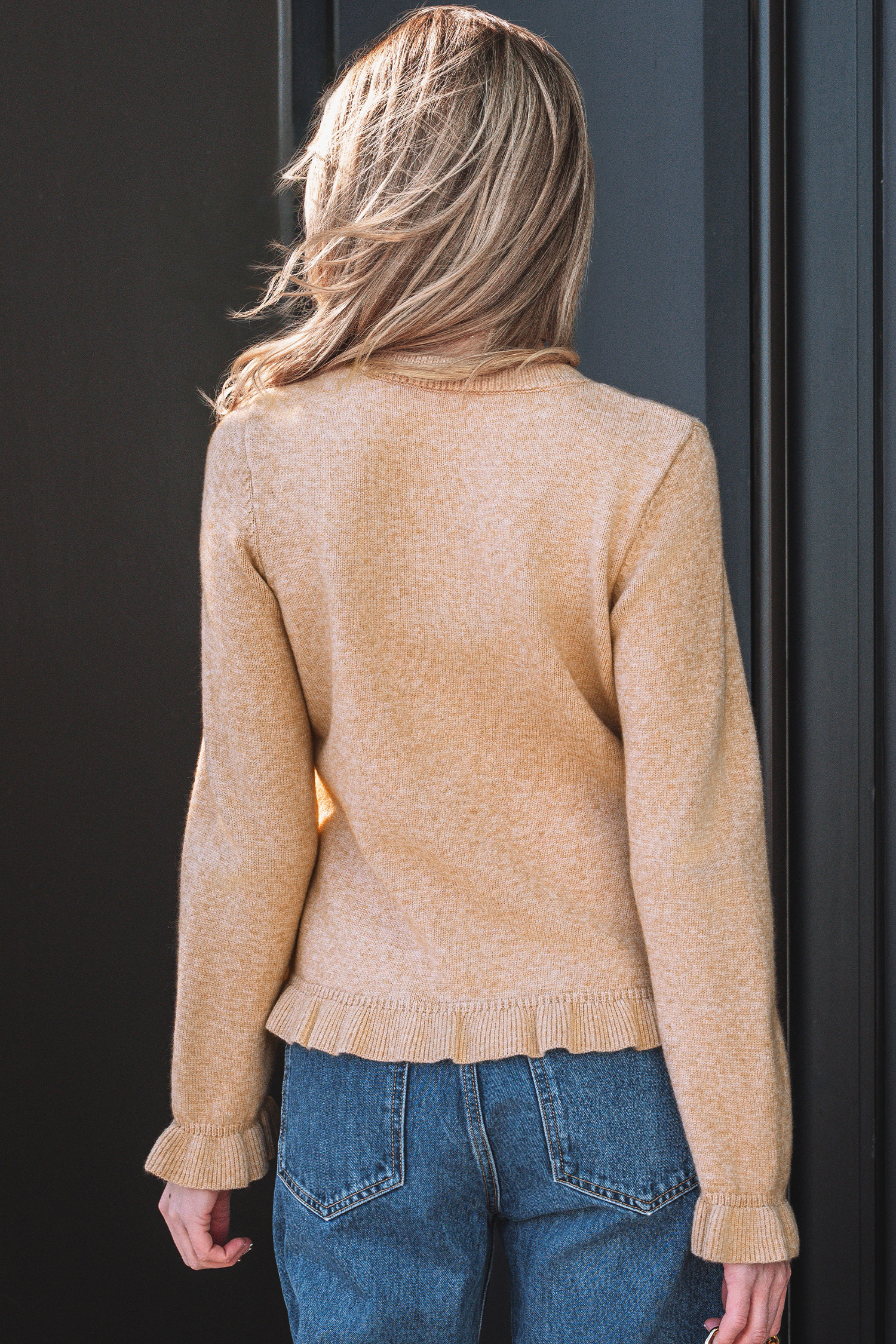 Oatmeal Ruffle Trim Gold Button Sweater Cardigan - loveforevers