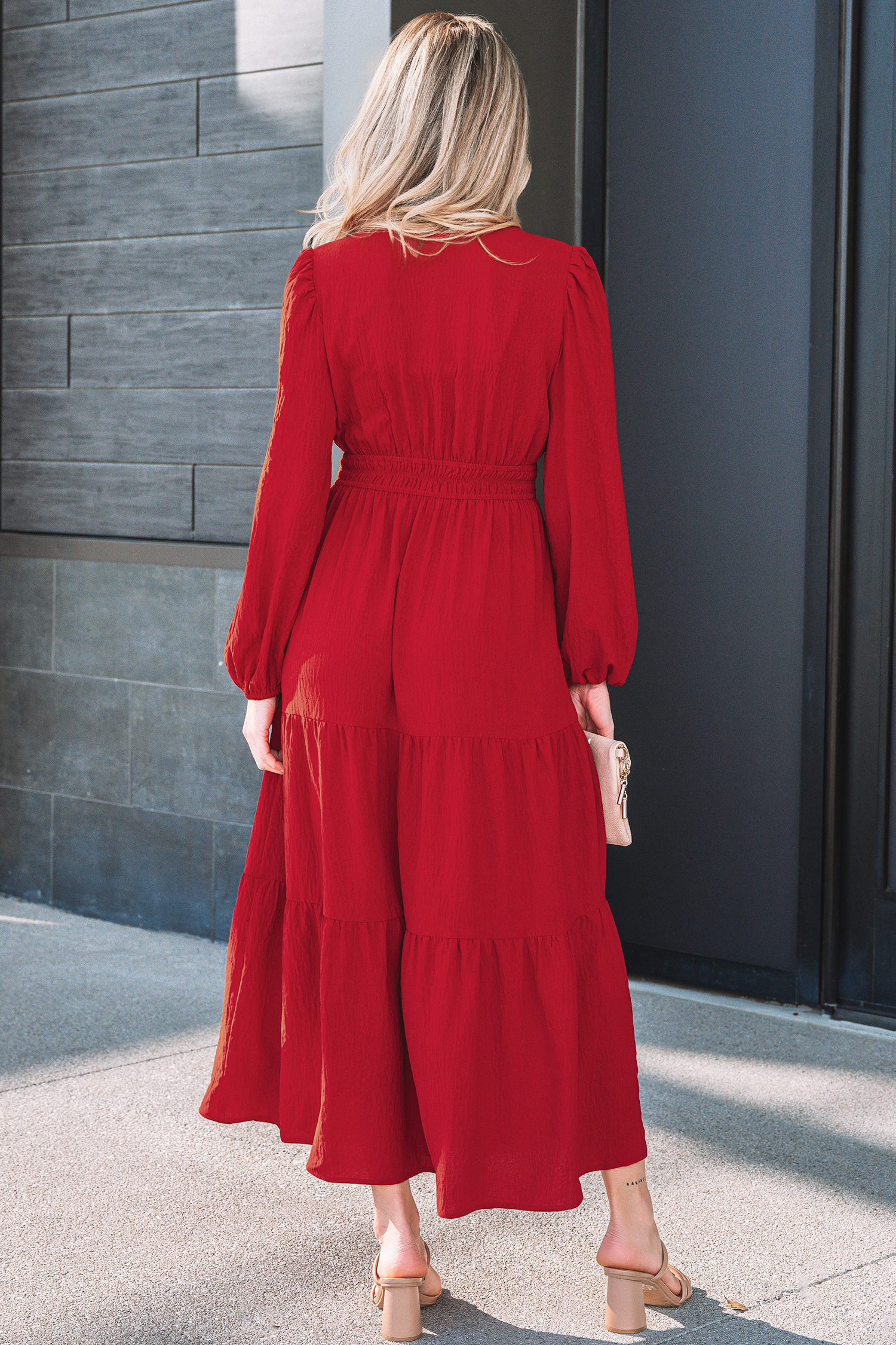 Racing Red Contrast Embroidered Detail Cinched Waist Tiered Long Sleeve Maxi Dress - loveforevers