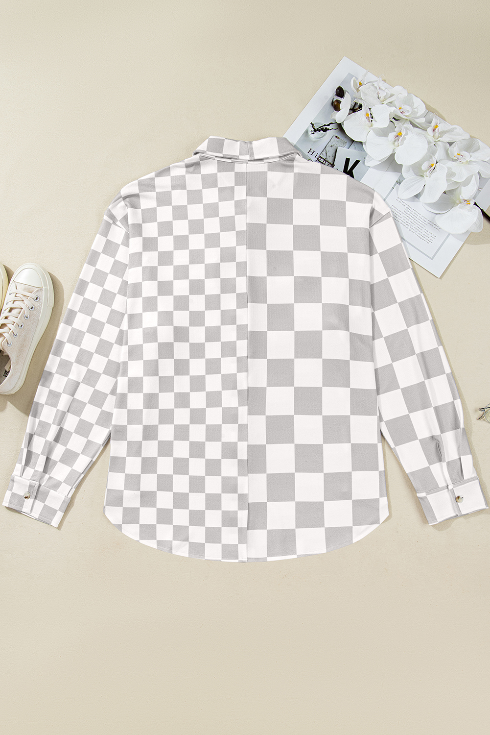 Khaki Checkerboard Flap Pocket Button Front Shacket - loveforevers