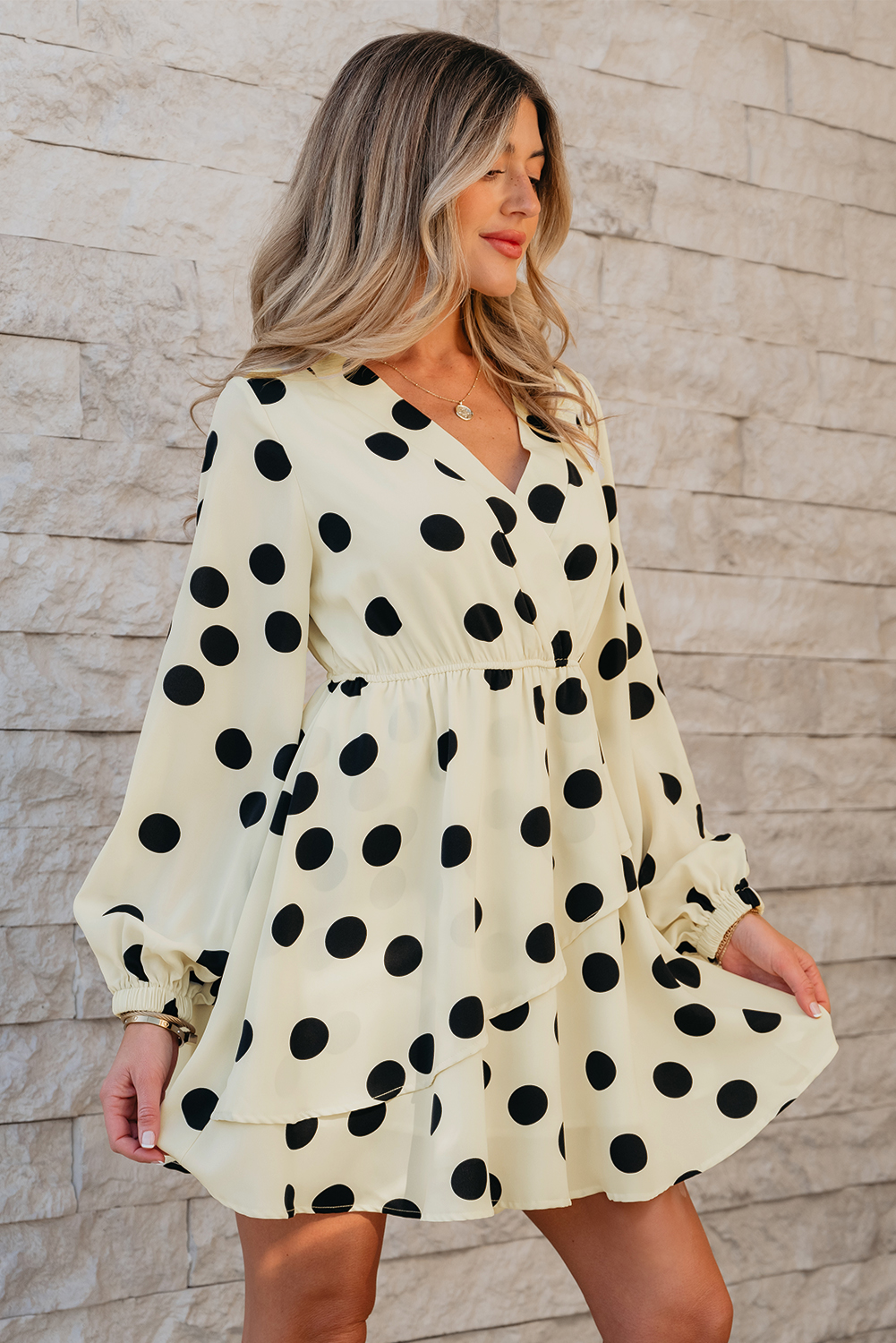 Beige Polka Dot Printed Surplice V Neck Puff Sleeve Mini Dress - loveforevers