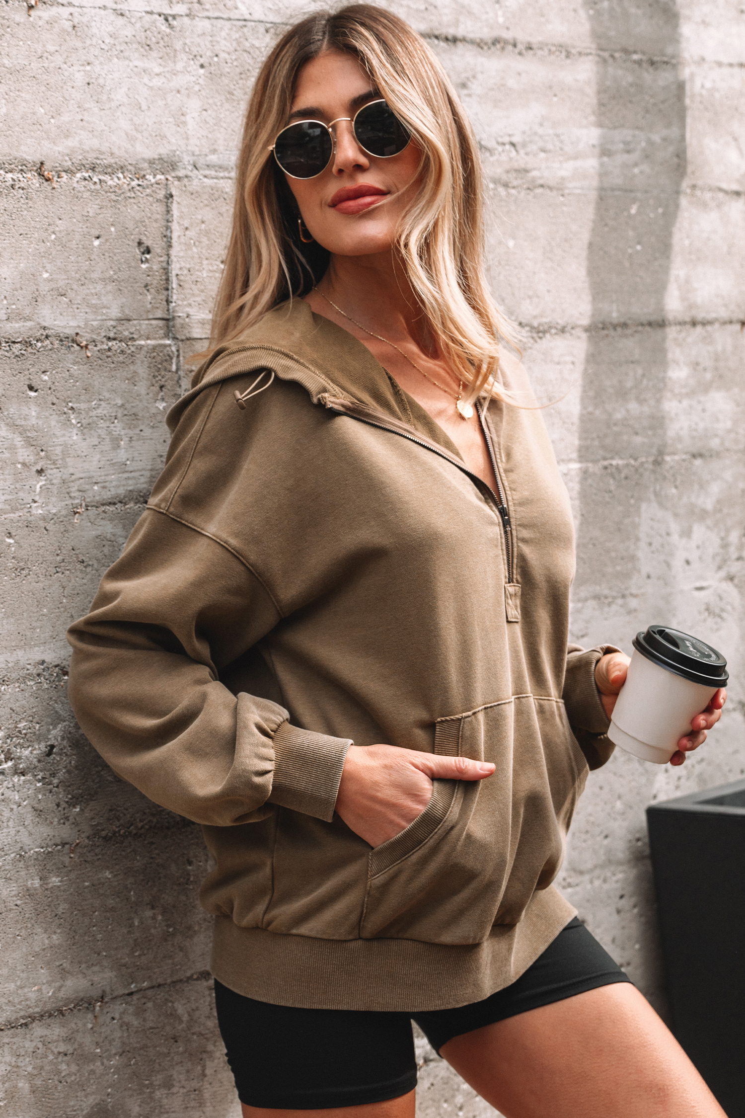 Canton Half Zip Kangaroo Pocket Mineral Wash Baggy Hoodie - loveforevers