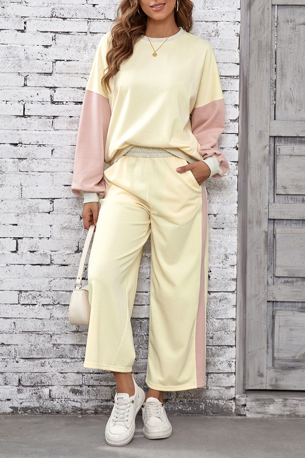 Apricot 2pcs Color Block Pullover Loose Pant Set - loveforevers