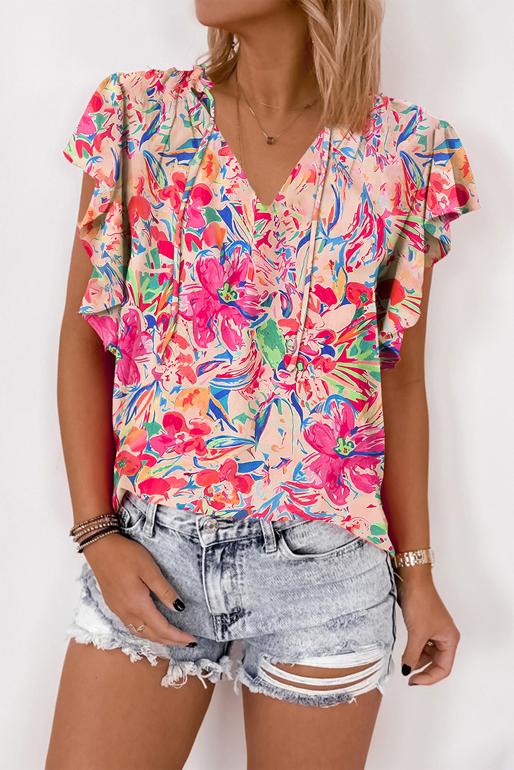 Multicolour Floral Ruffled Sleeve V Neck Summer Blouse - loveforevers
