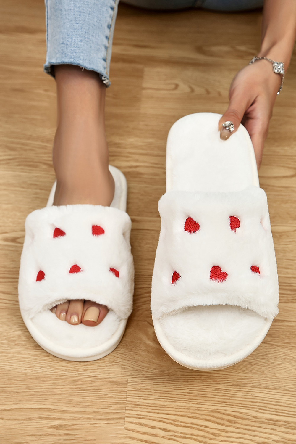 White Valentines Heart Embroidered Fuzzy Winter House Slippers - loveforevers