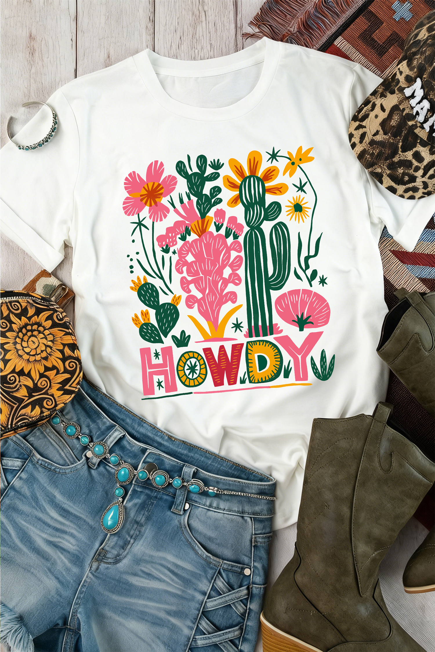 White HOWDY Cactus Flower Printed Cowgirl Fashion Tee - loveforevers