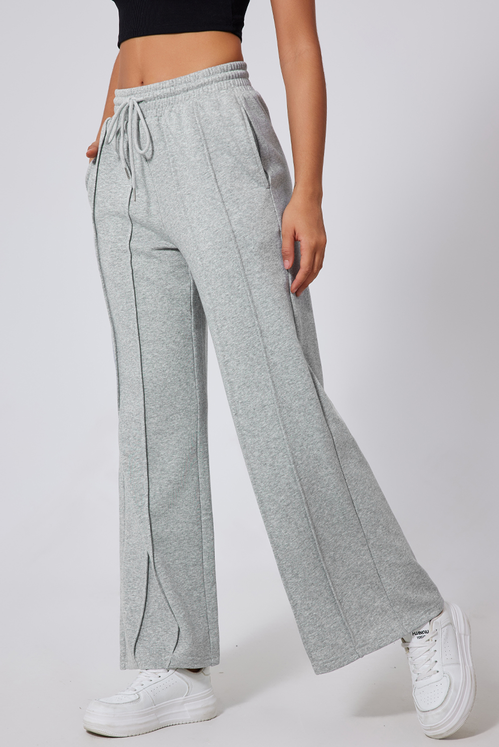 Black Seamed Drawstring High Waist Wide Leg Sweatpants - loveforevers