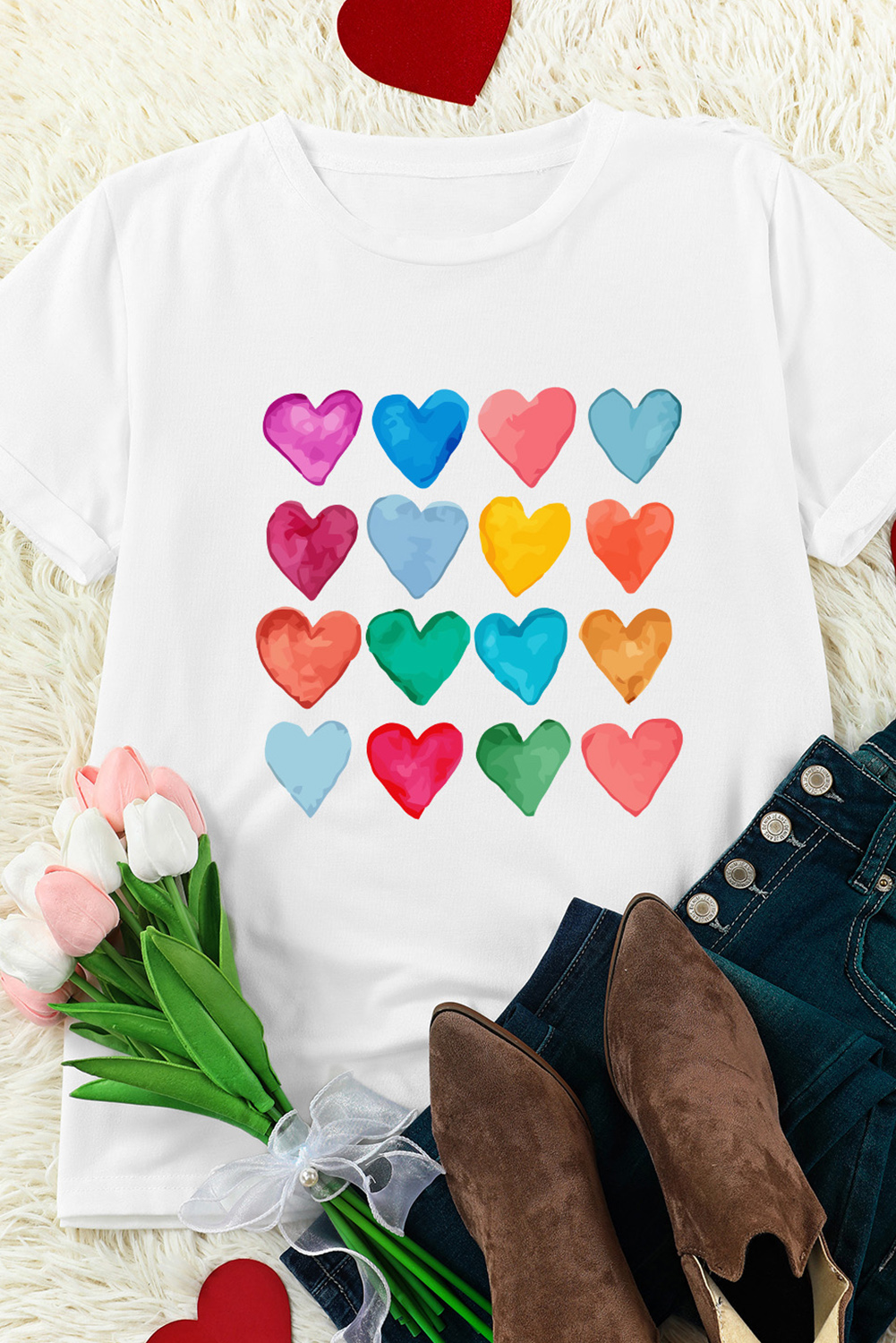 Red Leopard Striped Heart Shaped Print Crew Neck T Shirt - loveforevers