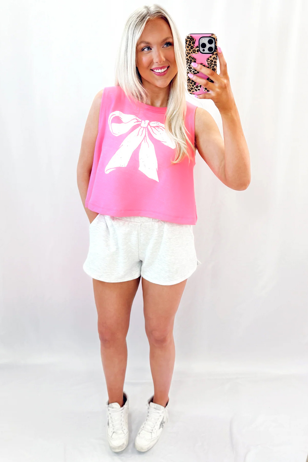 Sachet Pink Bow Print Boxy Fit Tank Top - loveforevers
